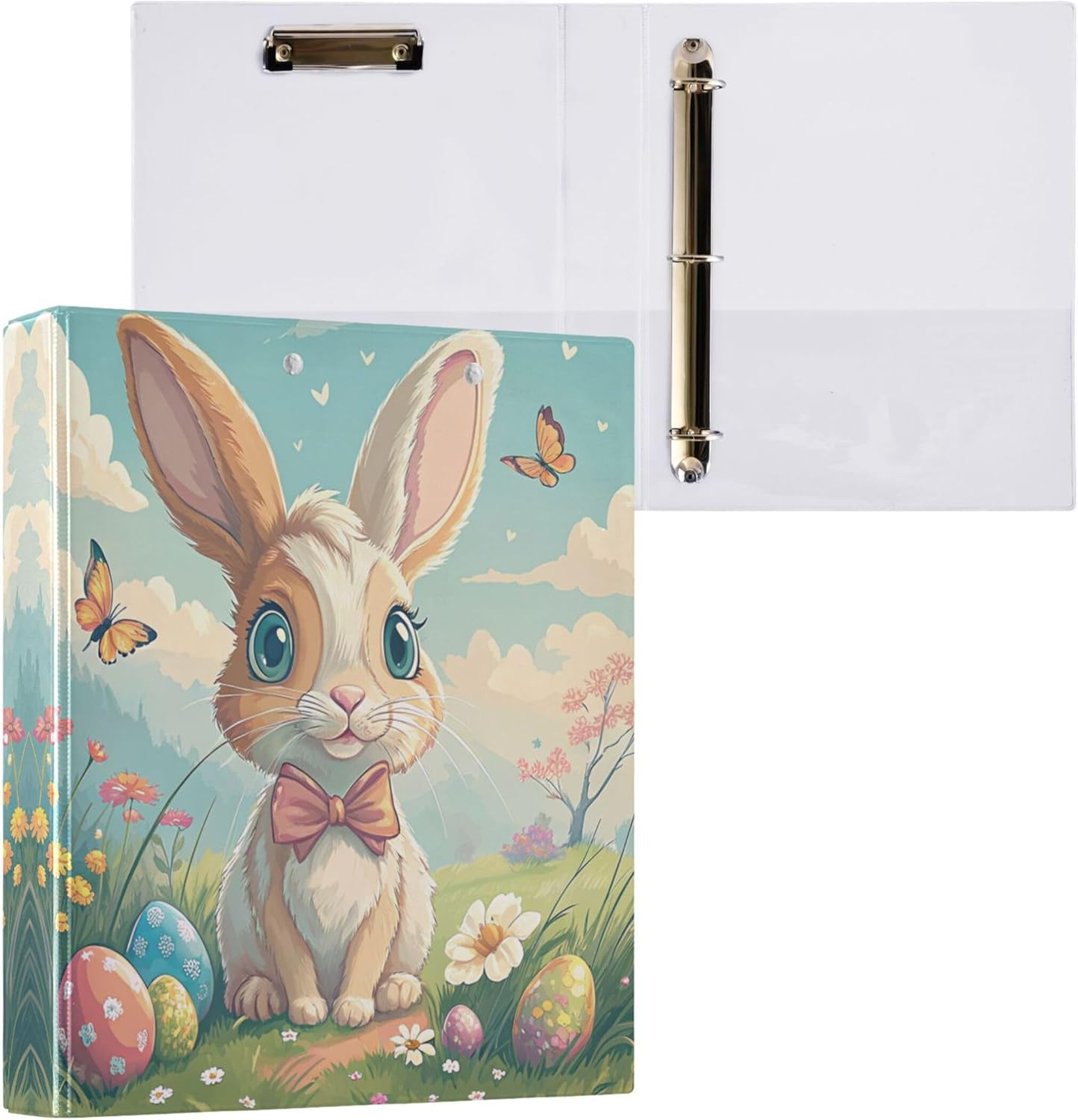 Happy Easter Bunny 3 Ring Binders, 1.5” Round Ring Binders with Clipboard - Letter Size, 3 Interior PVC Clear Pockets & Anti-Slip Clip for Office School Supplies, 2PCS