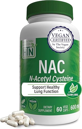 Health Thru Nutrition NAC N-acetil-cisteína 600 mg 60 cápsulas | Certificado vegano | El suplemento NAC más puro | Apoya la salud pulmonar,