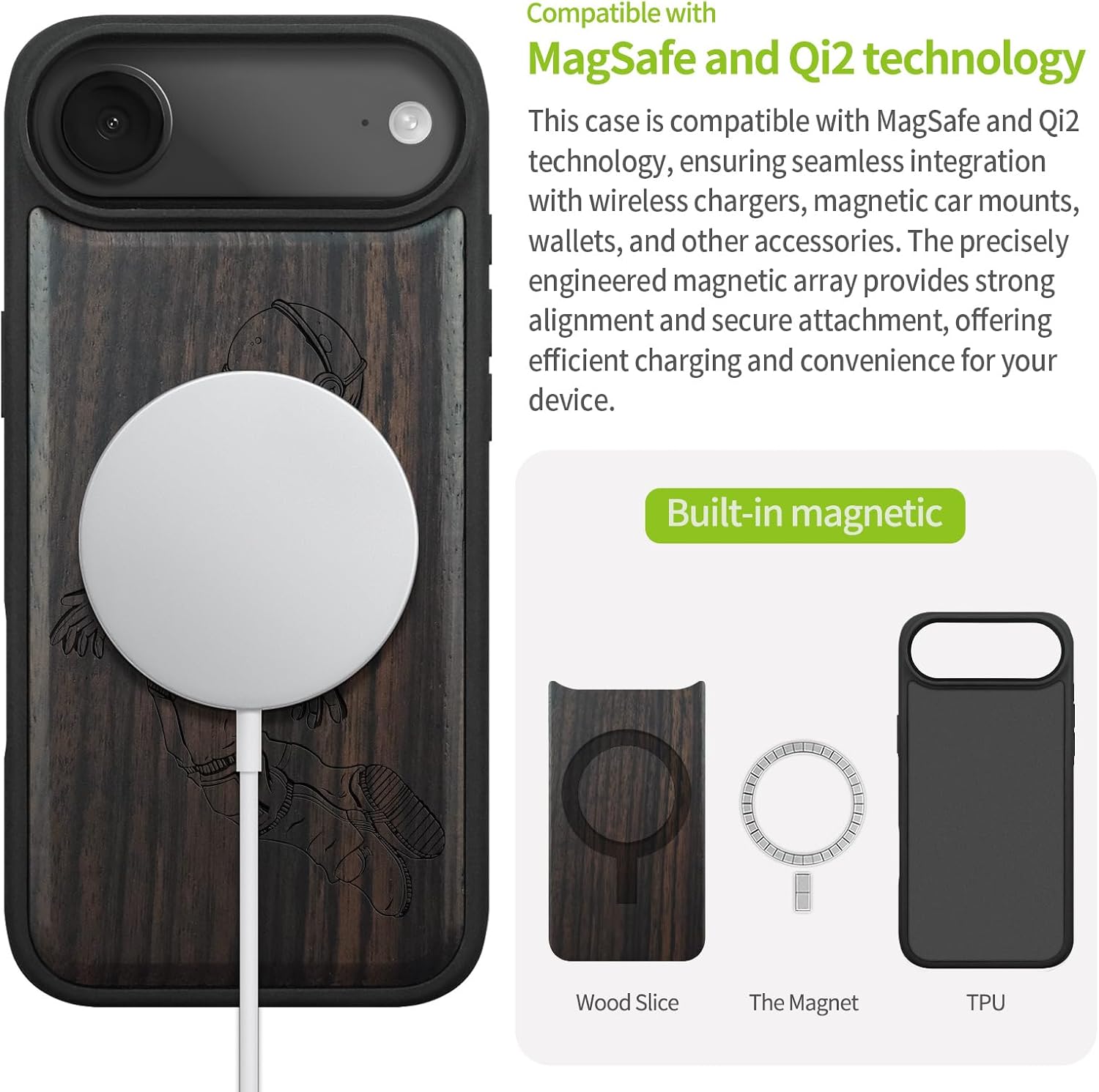 Carveit Magnetic Wooden Case for iPhone Air Case, Wood Artisan Engraved & Soft TPU Shockproof Cover, Compatible with MagSafe 17 Air Wireless Chargers (Floating Astronaut) Blackwood