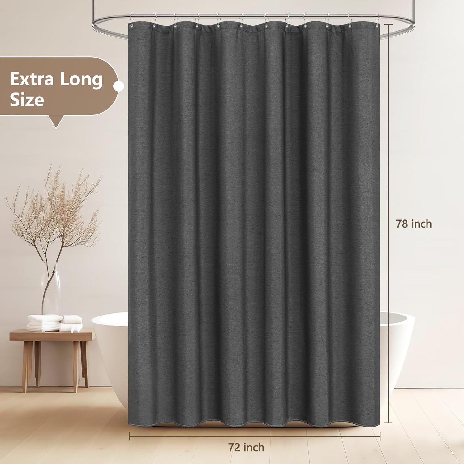 Seenus Rustic Country Linen Look Shower Curtain Charcoal Grey Extra Long 72 x 78 Inch, Heavyweight Faux Linen Fabric Shower Curtain Water-Resistant, Dark Gray Hotel Bathroom Curtain Washable