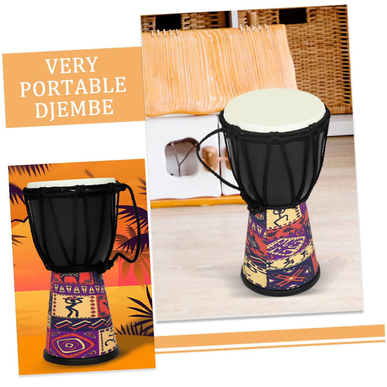 Djembe para Principiantes de Mano Africano Instrumento Musical Hecho de Ligera Piel de Cabra Natural Principiantes Clase de Música