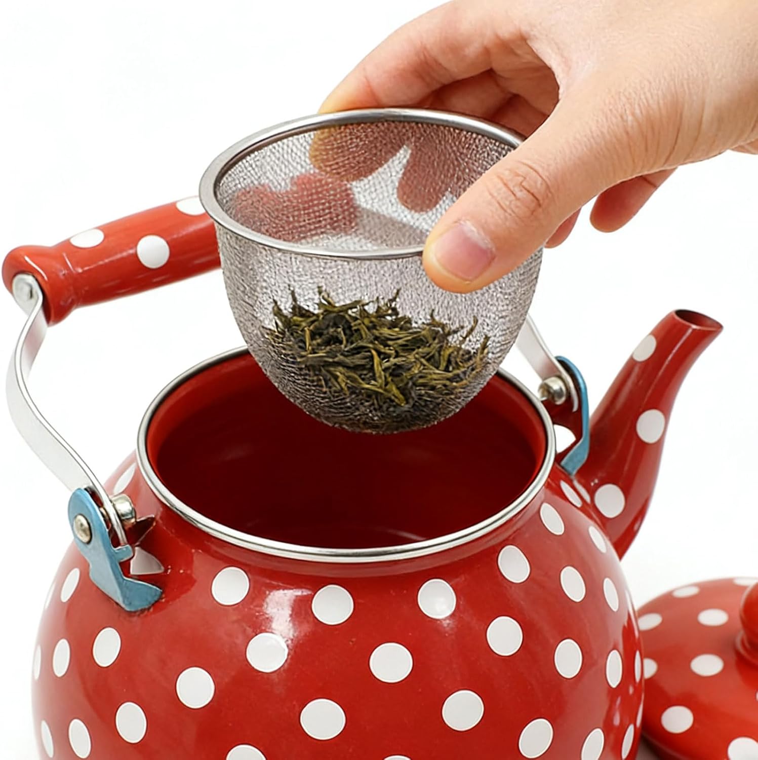 Enamel Tea Kettle with Infuser Stovetop, 2.3 Quart Cute Red and White Polka Dot Teapot with Porcelain Handle, Vintage Teakettle for Home Kitchen Camping, No Whistling