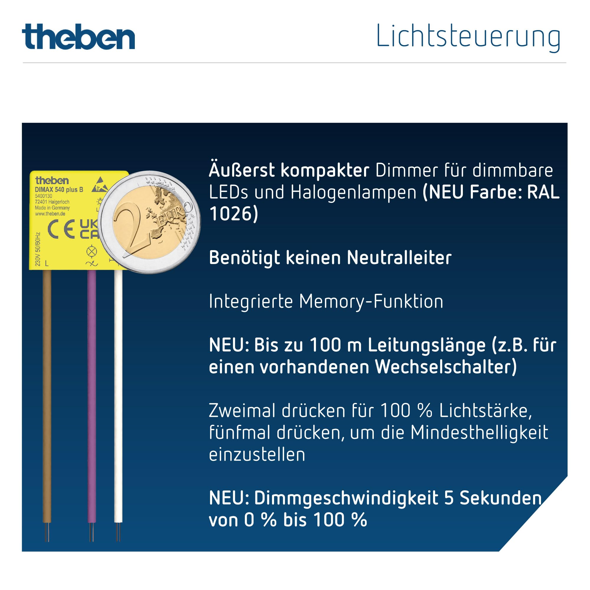 Theben 5400130 DIMAX 540 plus B - Mini Unterputz-Dimmer I benötigt keinen Neutralleiter I 100 m Kabellänge I Memory Funktion I Altbau, Nachrüstung und Renovierung I Einstellbare Mindesthelligkeit