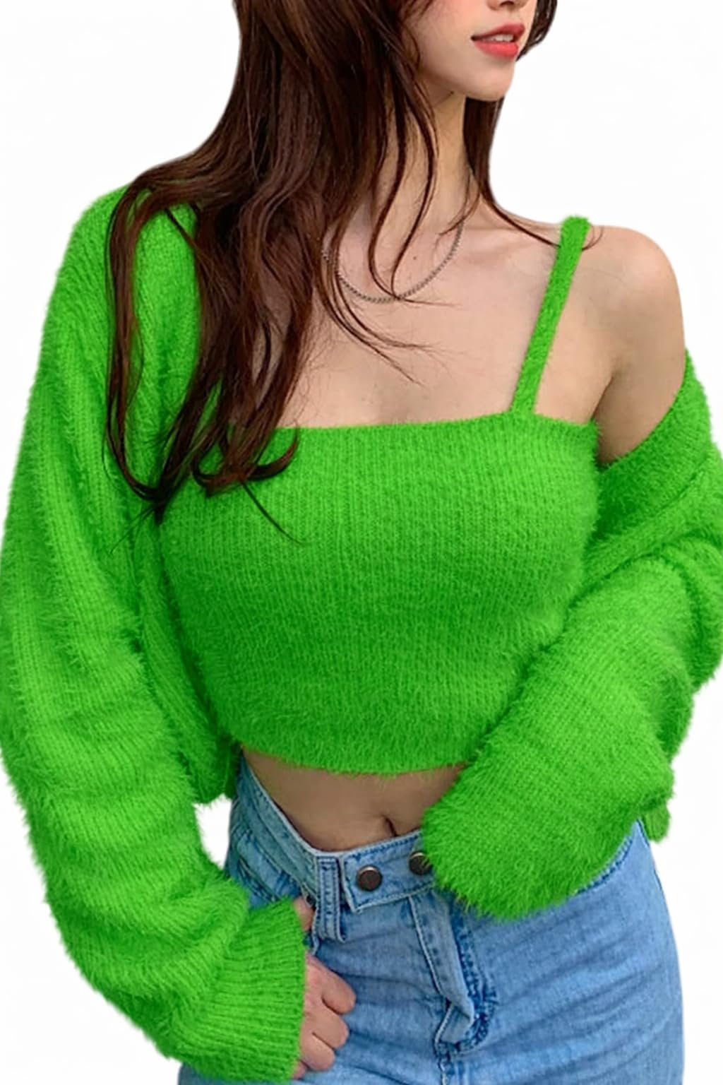 mystify Women's Fuzzy Knit Cardigan and Crop Top Set, 2 Piece Outfit, Long Sleeve-picture-19