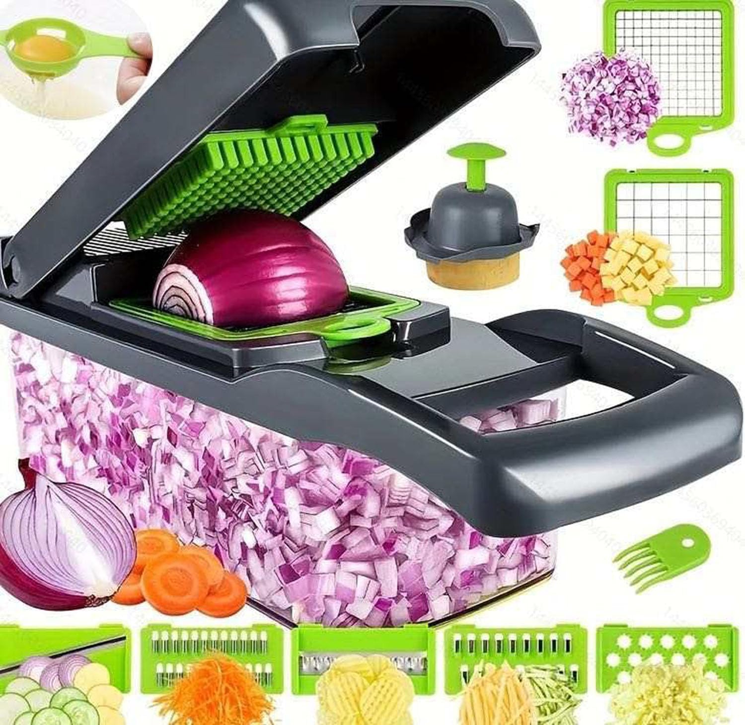 16 in 1 Vegetable Chopper – Multifunctional Onion Cutter with 12 Blades, Copper-Infused Kitchen Tool, Bread Slicer & Dicer (Gray, QCQ)-image-17