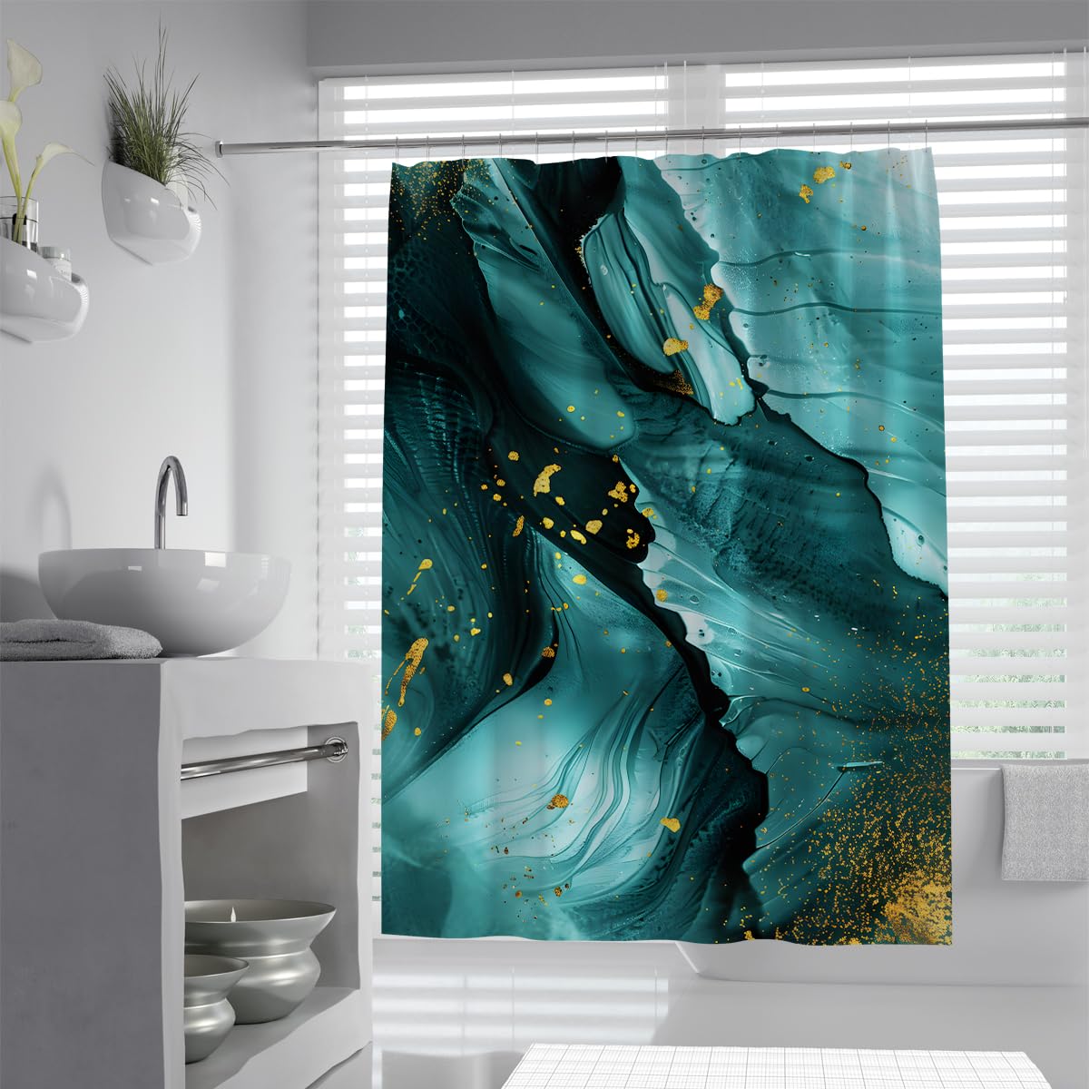 Rideau de Douche Salle de Bain marbre Bleu Sarcelle W150xL200 cm
