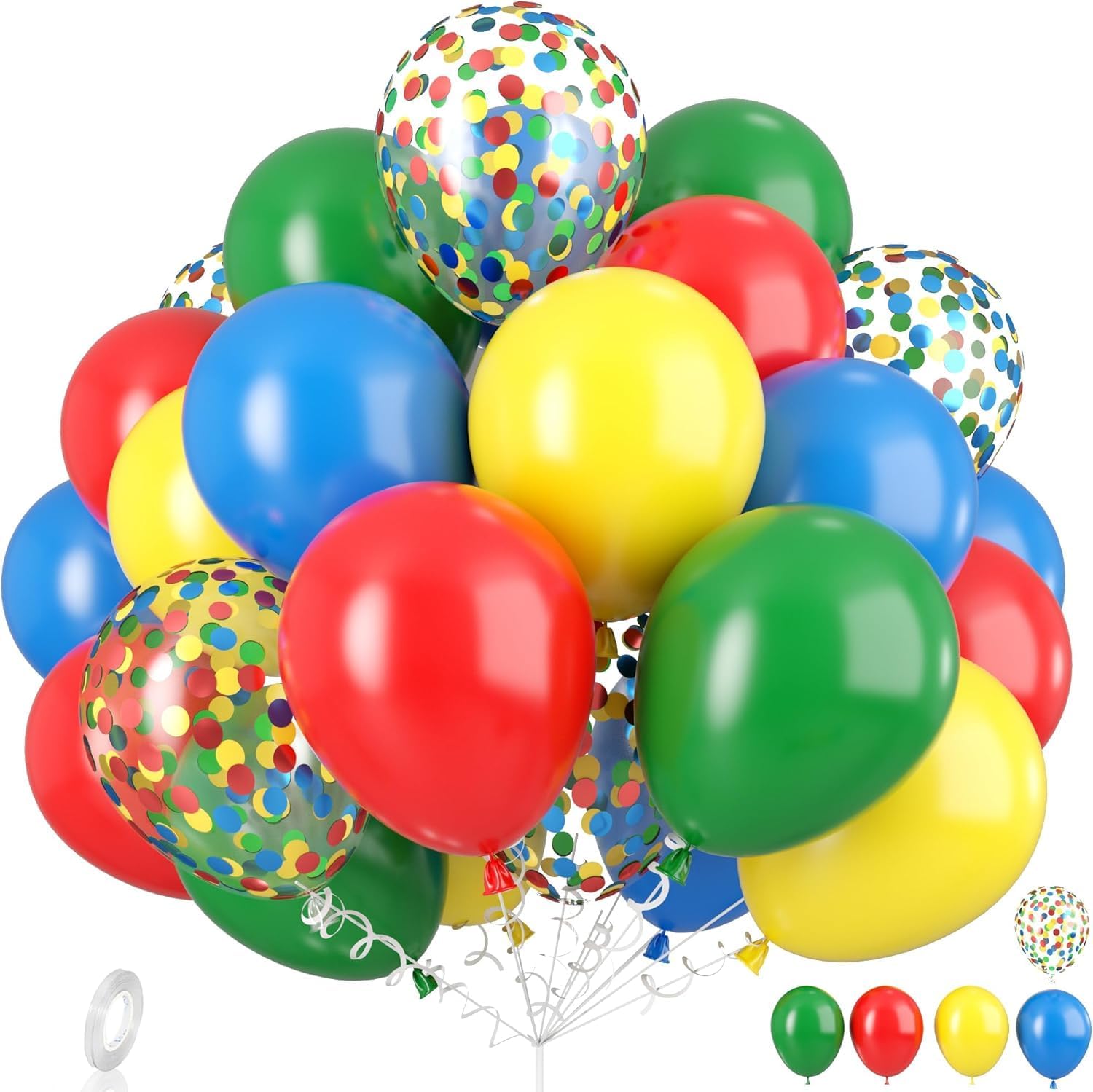 Dagelar Red Yellow Blue Balloons, Rainbow Assorted Latex Balloons, Red Blue Green Yellow with Colourful Confetti Balloon, for Birthday, Festival,