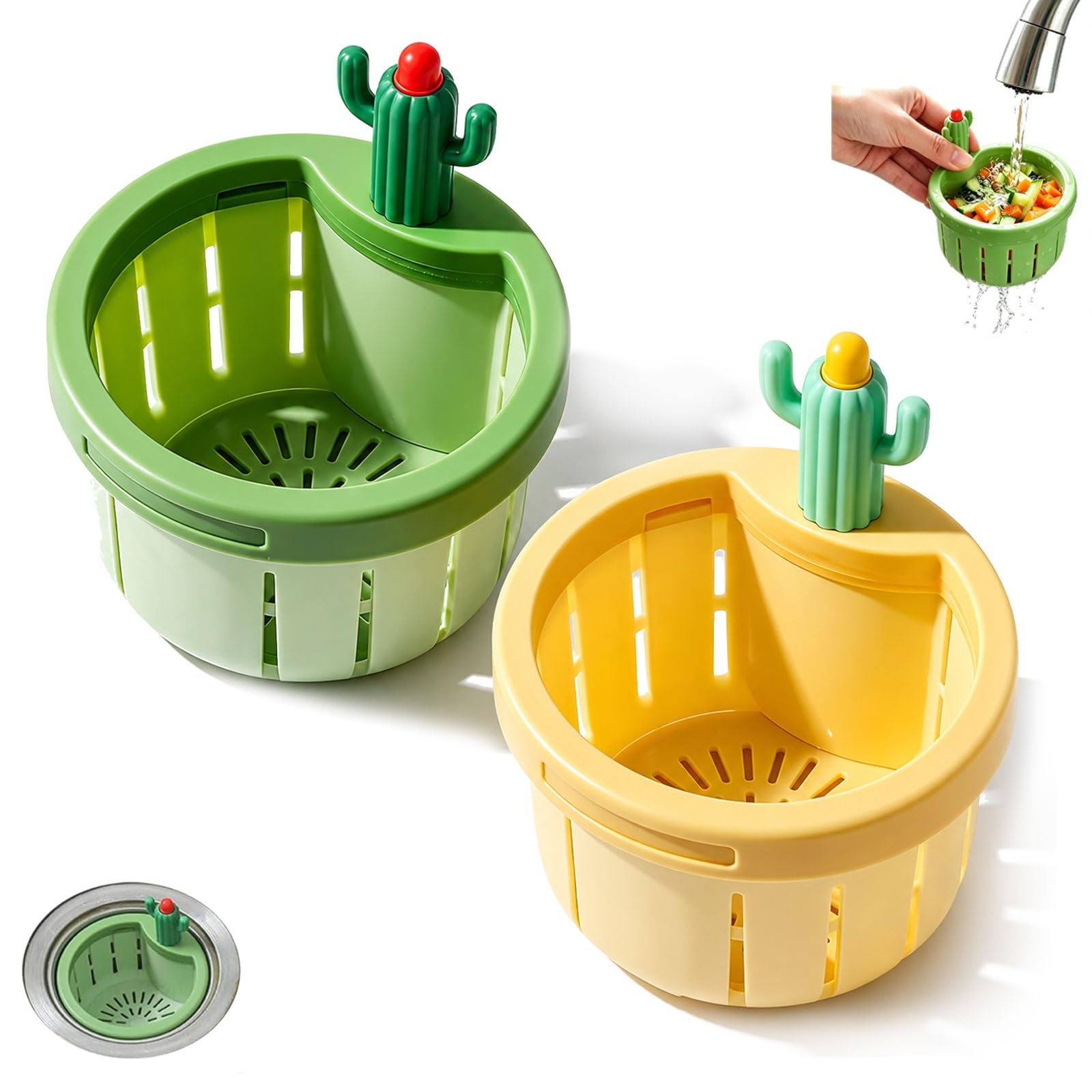 Cactus Kitchen Sink Drain Strainer, Cactus Sink Strainer Basket, Press-to-Lift Automatic Dumping Basket, Self-Cleaning Food Residue Collector(G+Y)
