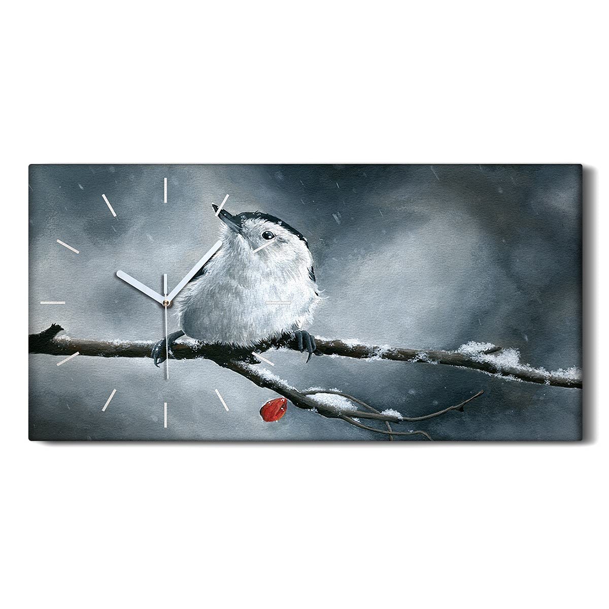 Horloge sur Toile 60x30cm Branche Animal Oiseau Blanc Décoration Murale pour Salon