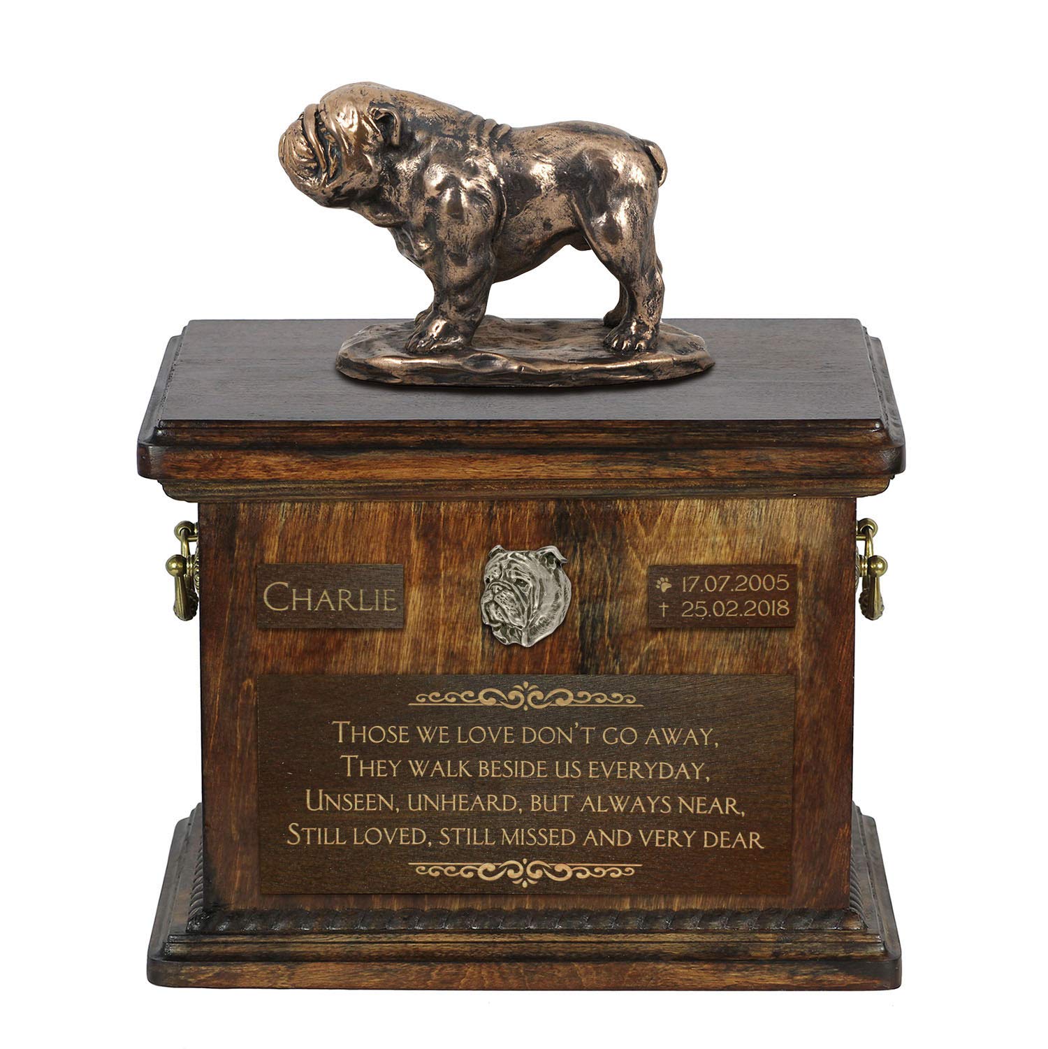 Urne de chien Bulldog Anglais sur socle bois, sculpture commémorative pour salon et bureau