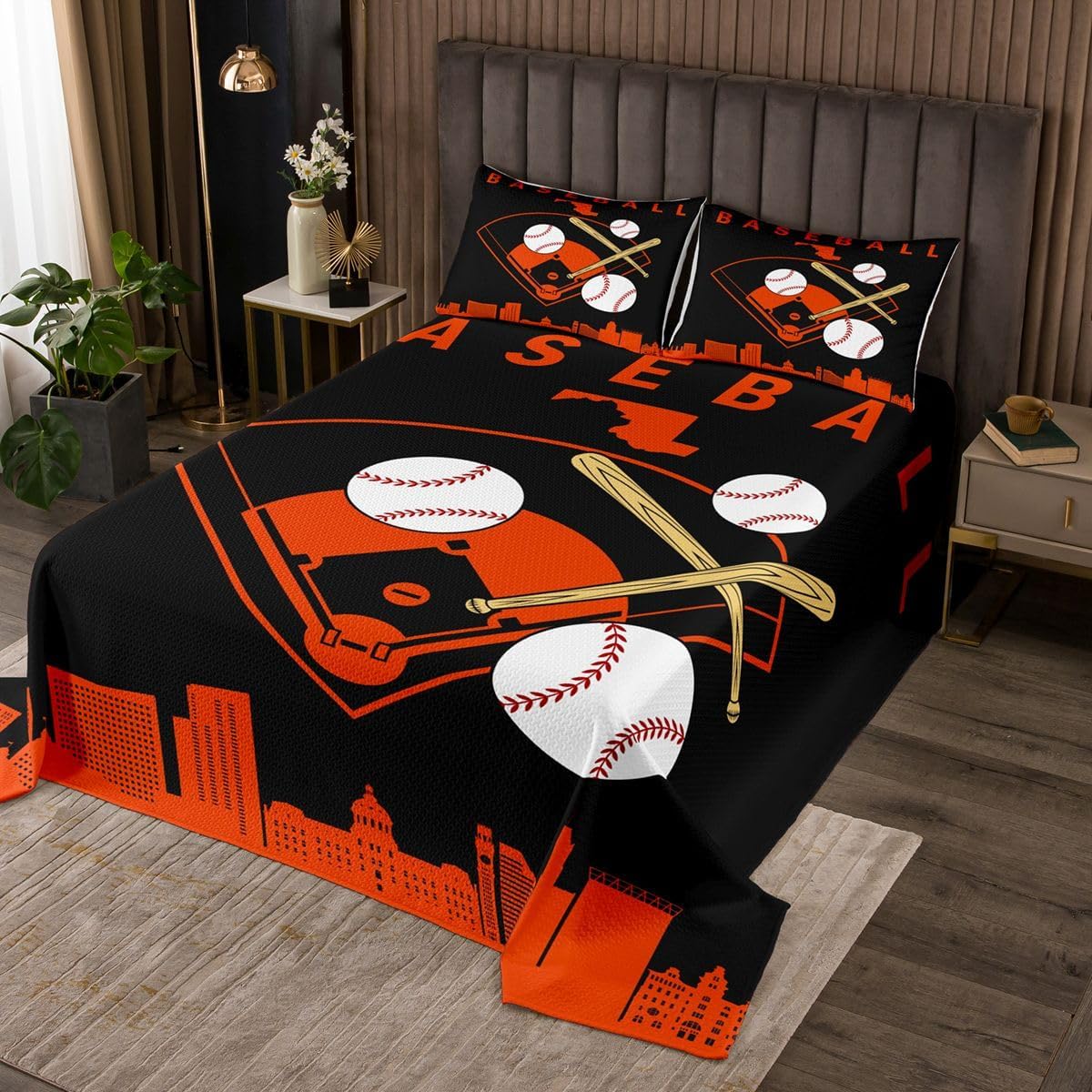 Erosebridal Baseball Bedspread Queen Size Softball Sports Boys Quilt Set Baseball Bat Coverlet Set for Kids Teens Adult Men City Building Black Red Bedding Sets