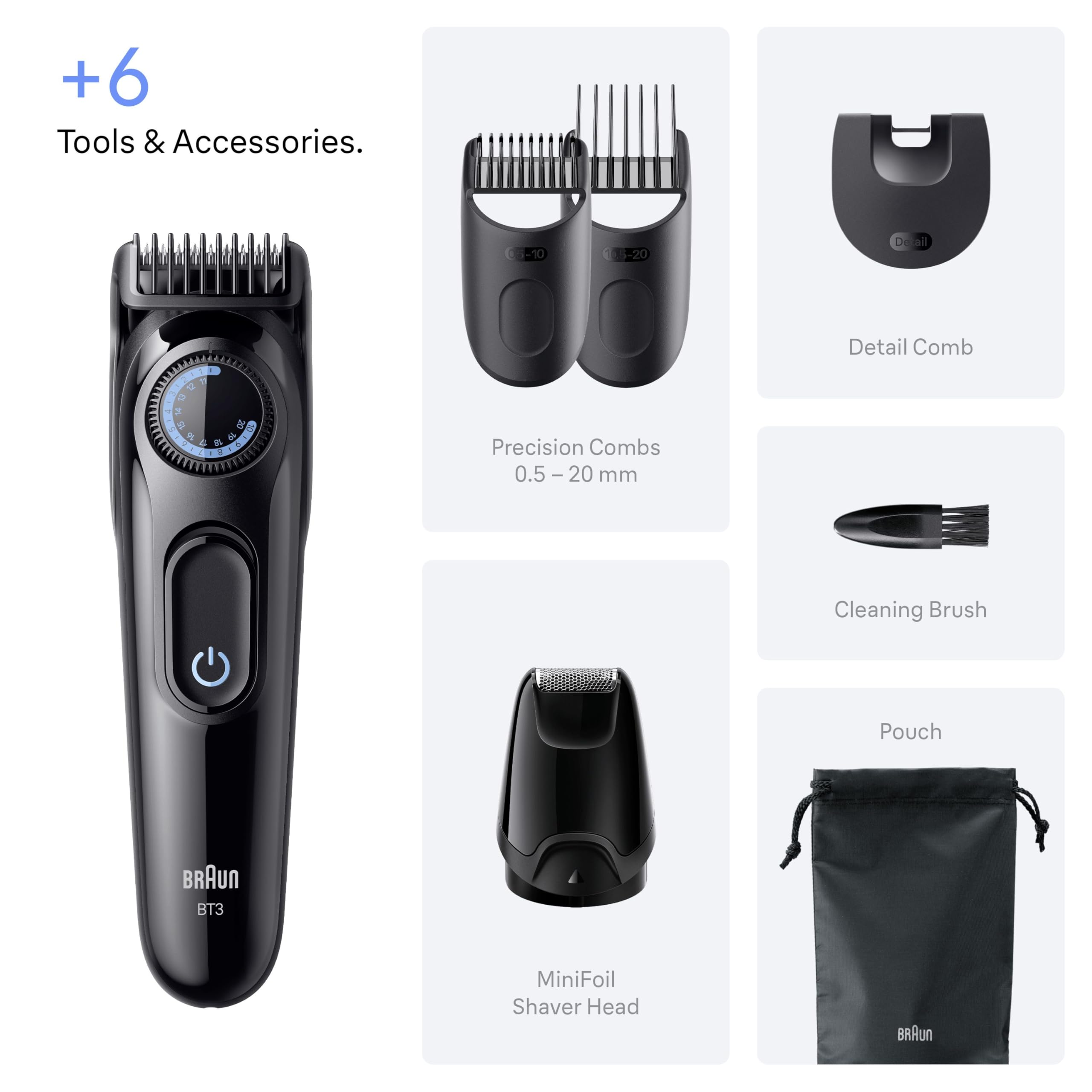 Braun Trymer do brody Series 3, elektryczny trymer do brody dla mężczyzn, 6 akcesoriów, ultraostre ostrze ProBlade, czas pracy baterii 50 min, bezprzewodowa golarka do brody, 40 długości, wodoszczelna