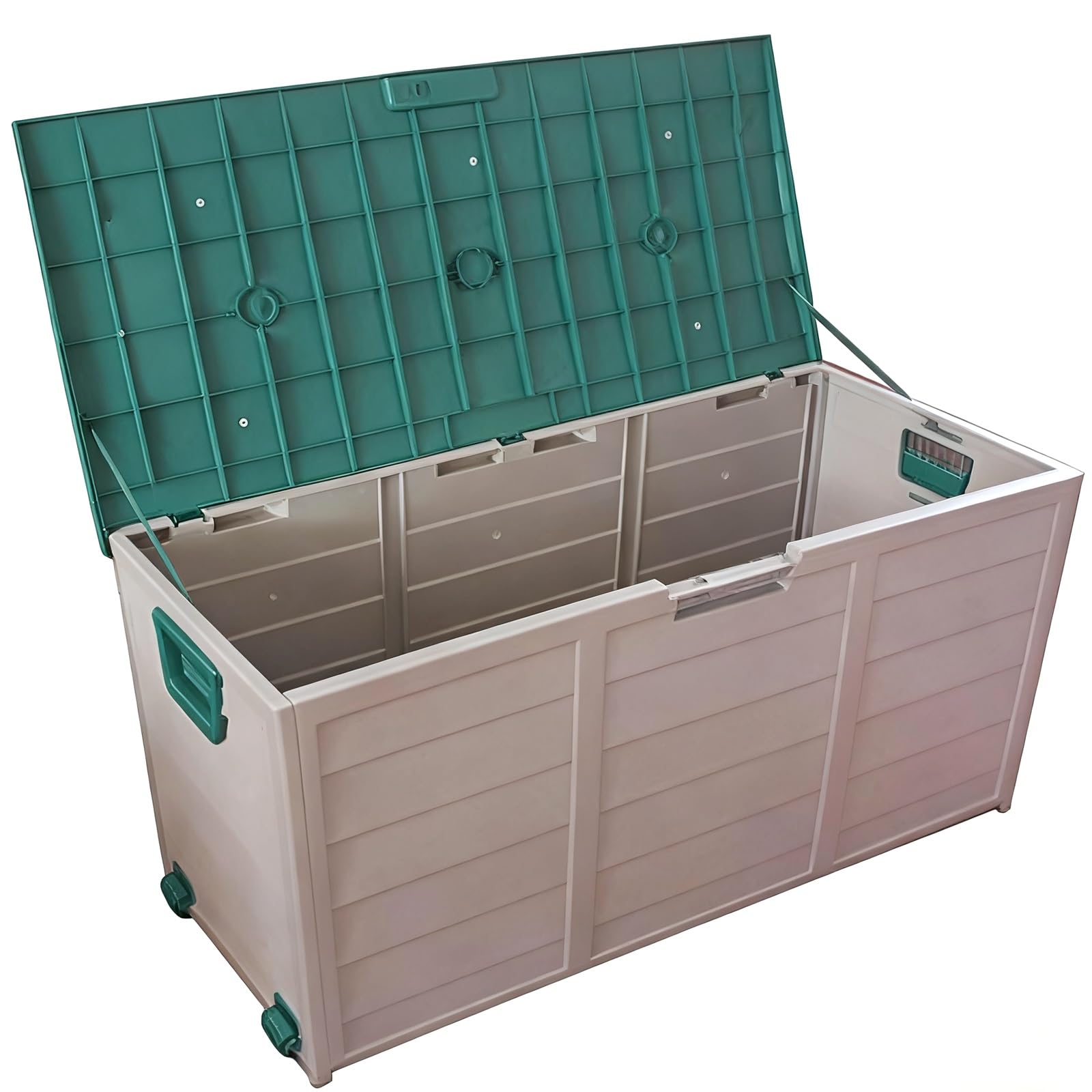 Zewnętrzne pudełko do przechowywania z prętem hydraulicznym, wodoodporne tworzywo sztuczne PP, wykończenie słojów drewna, duża pojemność, zamykane na podwórko, garaż, szopę