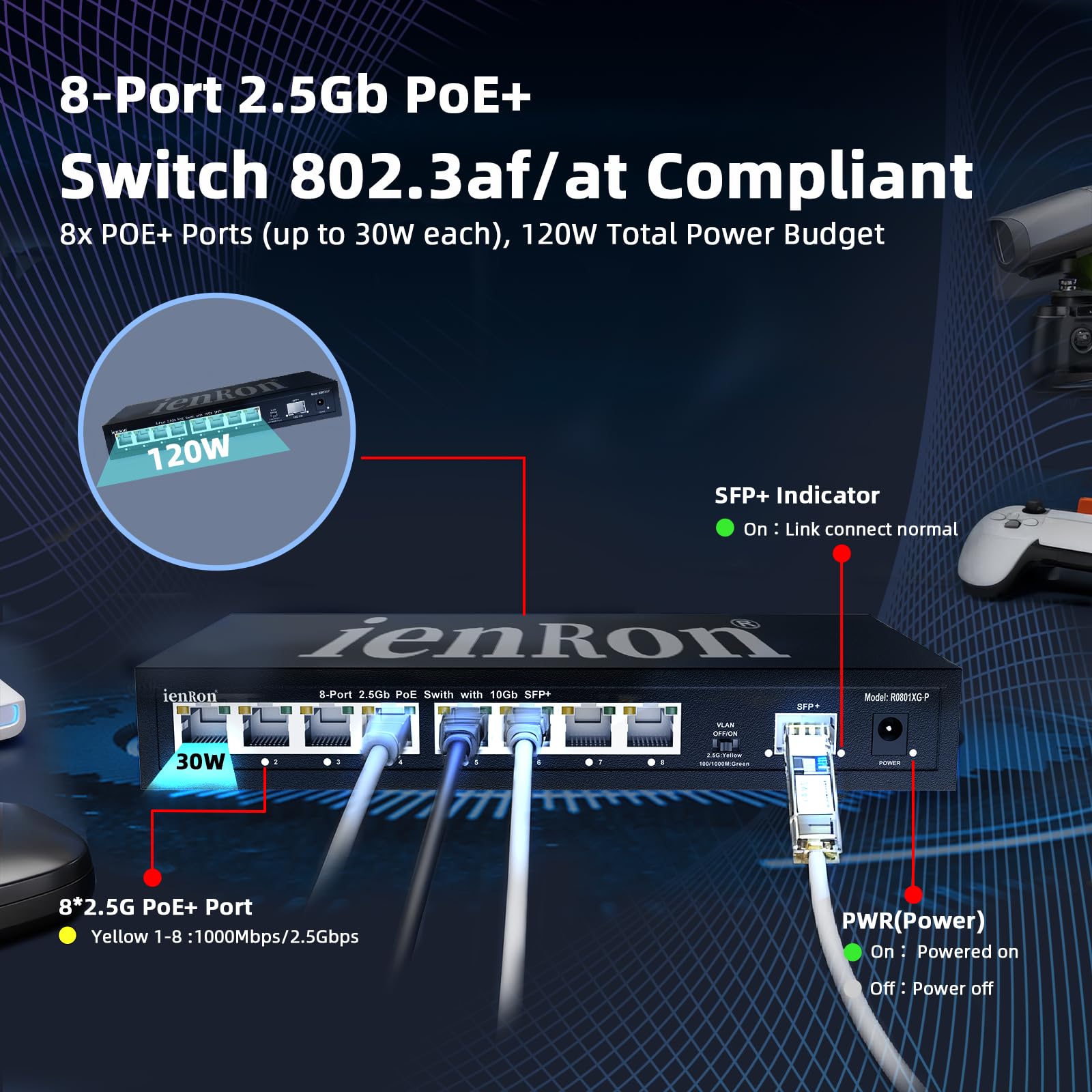 Interruptor PoE+ de 2.5G de 8 puertos con 10G SFP+ Uplink, IEEE 802.3af/at PoE 2.5gb Ethernet, 30W por puerto, 120W en total, capacidad de 60Gbps, Vlan, metal sin ventilador, 6KV, Plug and Play para