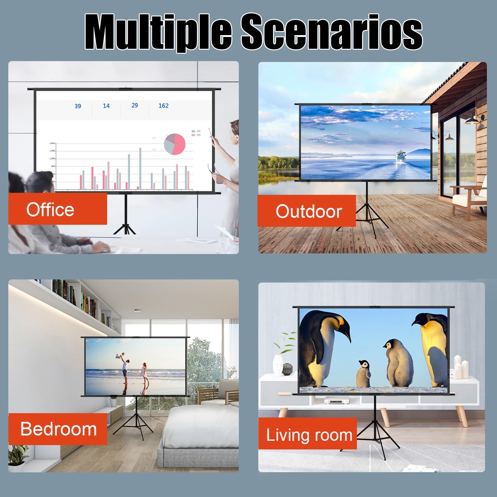 Schermi di Proiezione Esterno con Supporto, 100/120Pollici 16:9, Alto Guadagno Telo Proiettore, Immagine 4K per Home Theater e Campeggio(84inch(16:9))