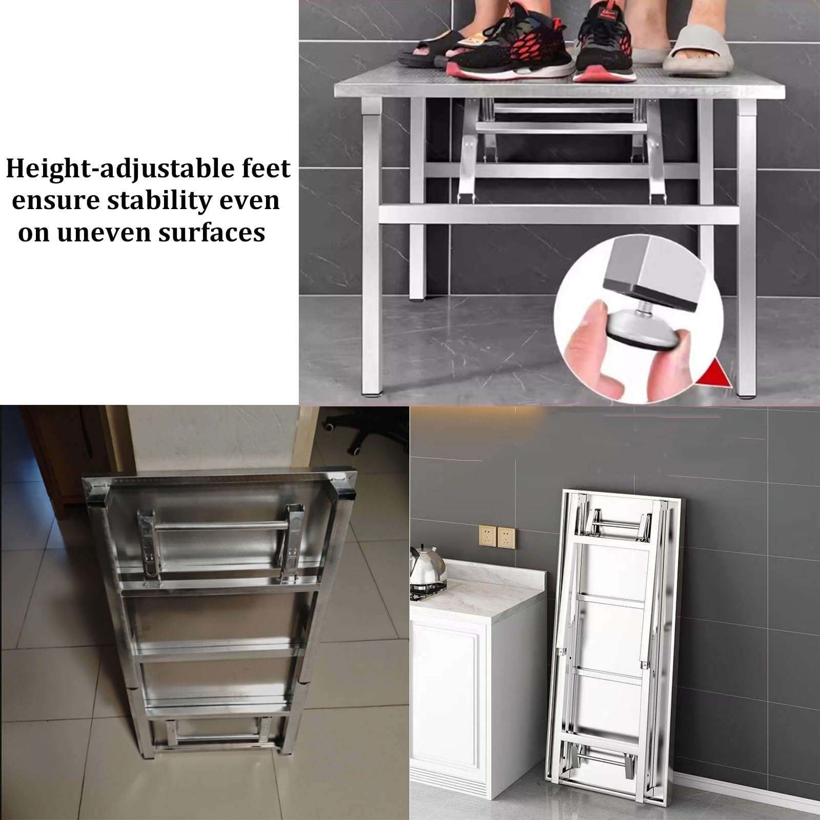 Mesa de trabajo plegable de acero inoxidable, mesa de preparación de alimentos resistente para cocina, restaurante, barbacoa, garaje, lavandería, grado comercial, fácil de almacenar y transportar