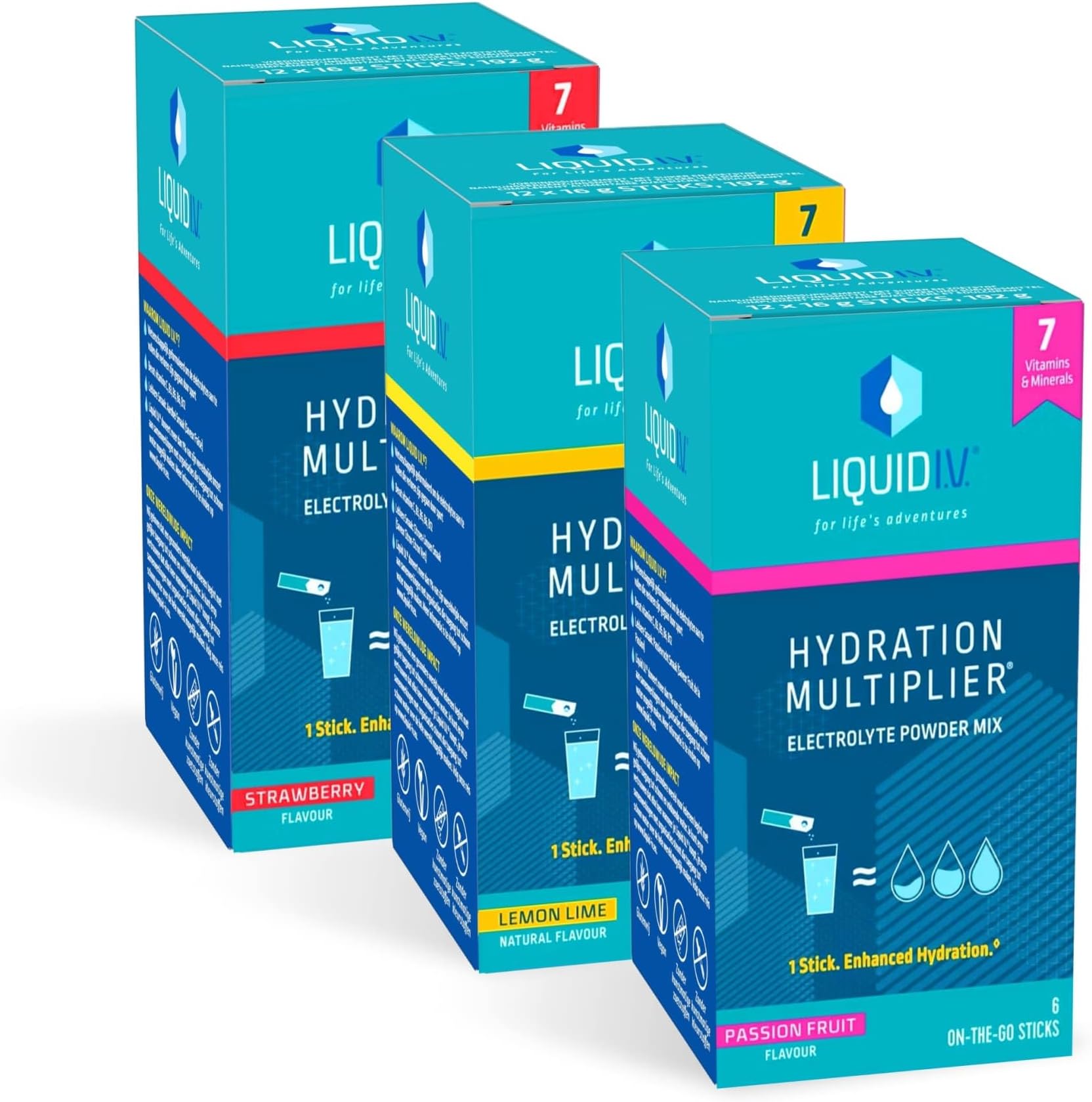 Liquid I.V. Hydration Multiplier Electrolyte Mix, Variety Pack, 18 Sticks | Lemon Lime, Passionfruit & Strawberry Electrolytes with 7 Vitamins & Minerals for Fast Hydration & Energy, Vegan, Gluten Free