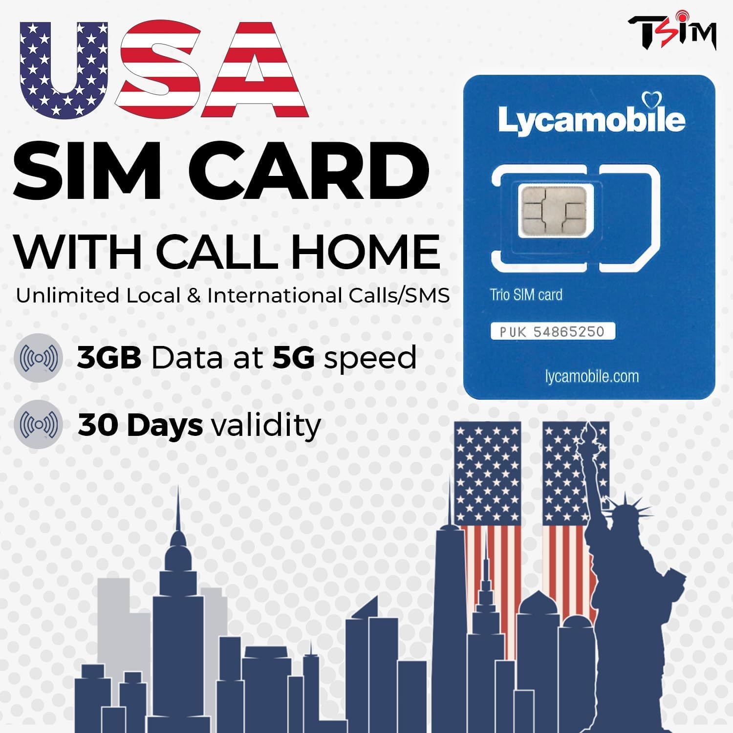 USA SIM Card for travel to the US. Unlimited Local and International calls/texts. Call home for free! Updated 5G Plan with Hotspot/Tethering! (3GB x 1 month)