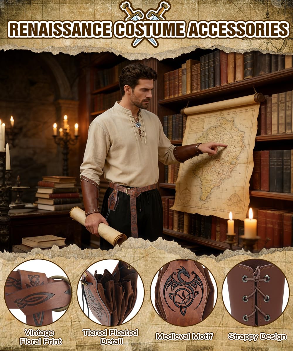 Disfraz Caballero Medieval, Vestido Medieval Caballero con Pulsera Cinturón, Regalo para Hombre, Conjunto de Ropa de Época para Carnevale Cosplay Halloween Cumpleaños