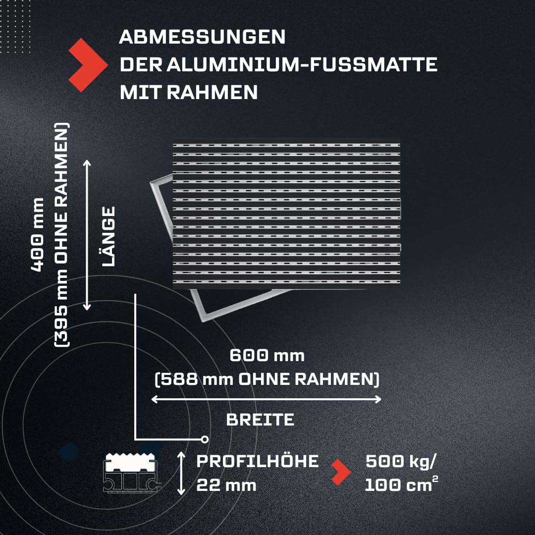 Premium Aluminium Fußmatte Heavy Duty mit Rahmen, 60x40 cm, Schwarz, 22 mm Profil, EPDM-Gummieinlage, 500 kg/m² Tragfähigkeit, für Innen & Außen, Witterungsbeständig, Systemfußmatte