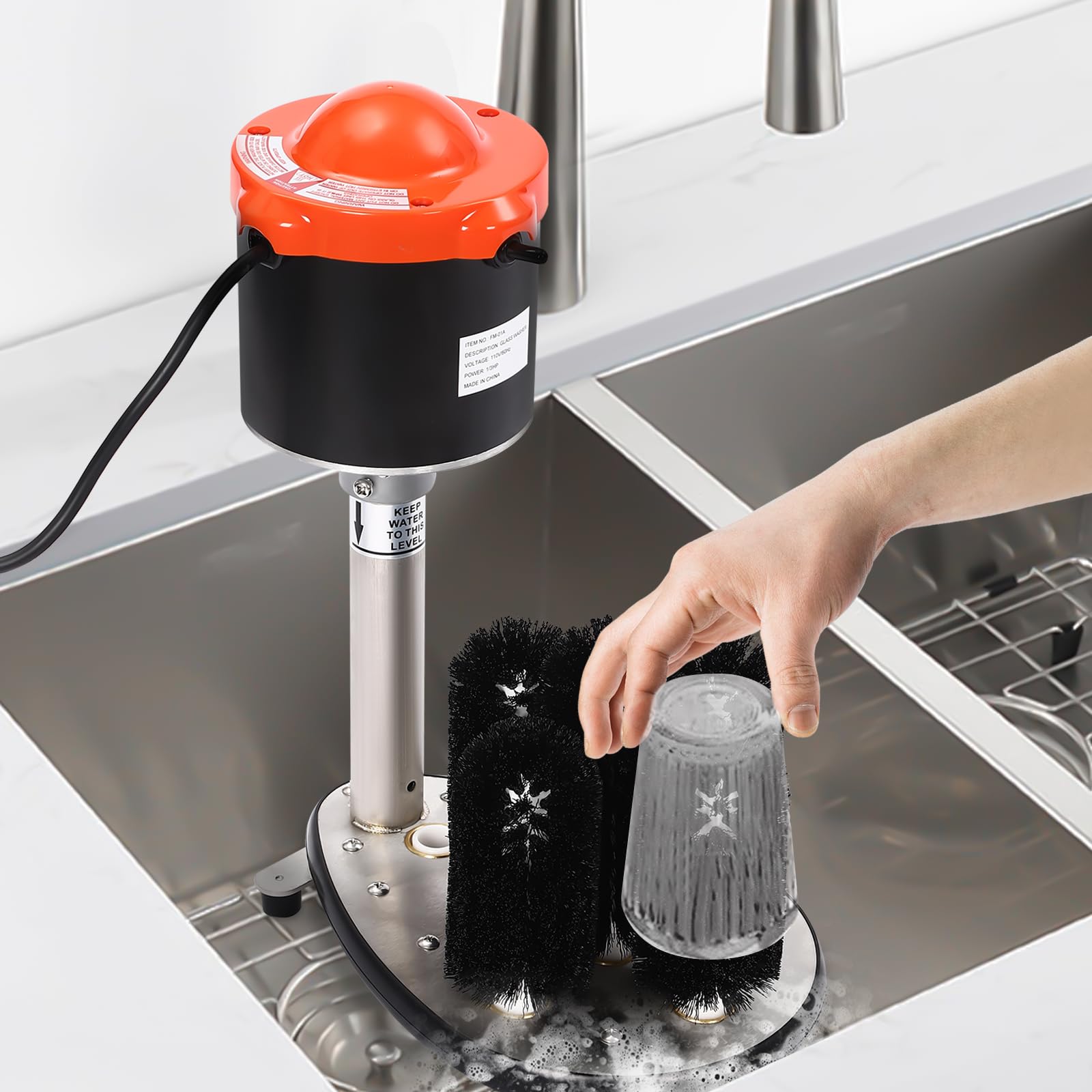 Commercial Electric Glass Washer High Efficiency, Wine Glass Cleaning Machine 304 Stainless Steel with Five Cup Brushes, Cup Washer 1/3HP for Hotels, Caterers, Bars(Red, Silver, Black)