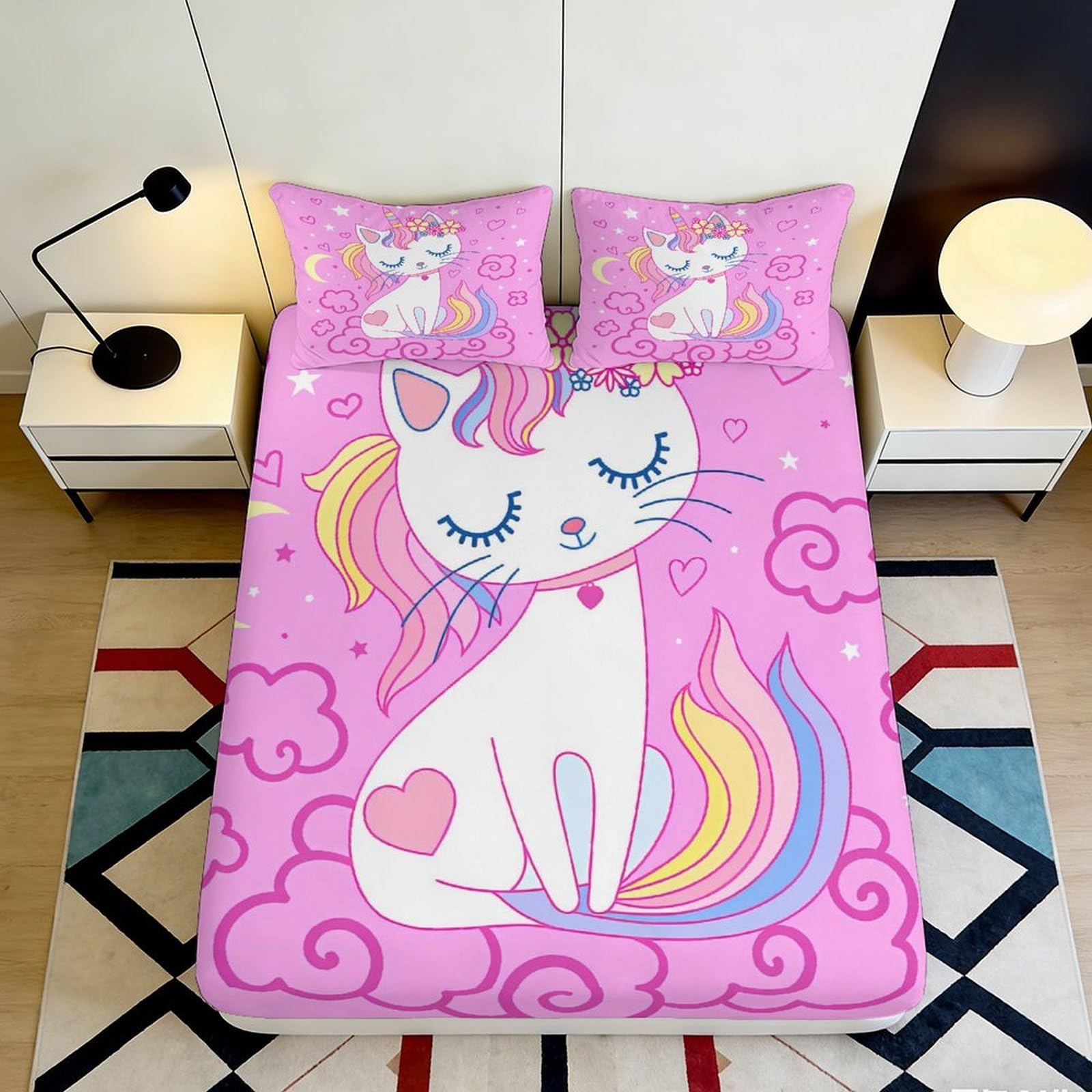 3D Printed Cute Cat Unicorn Fitted Sheet Microfiber Pink Rainbow Bed Cover for Bedroom Dorm Easy Care Mattress Protection 120x200x25cm