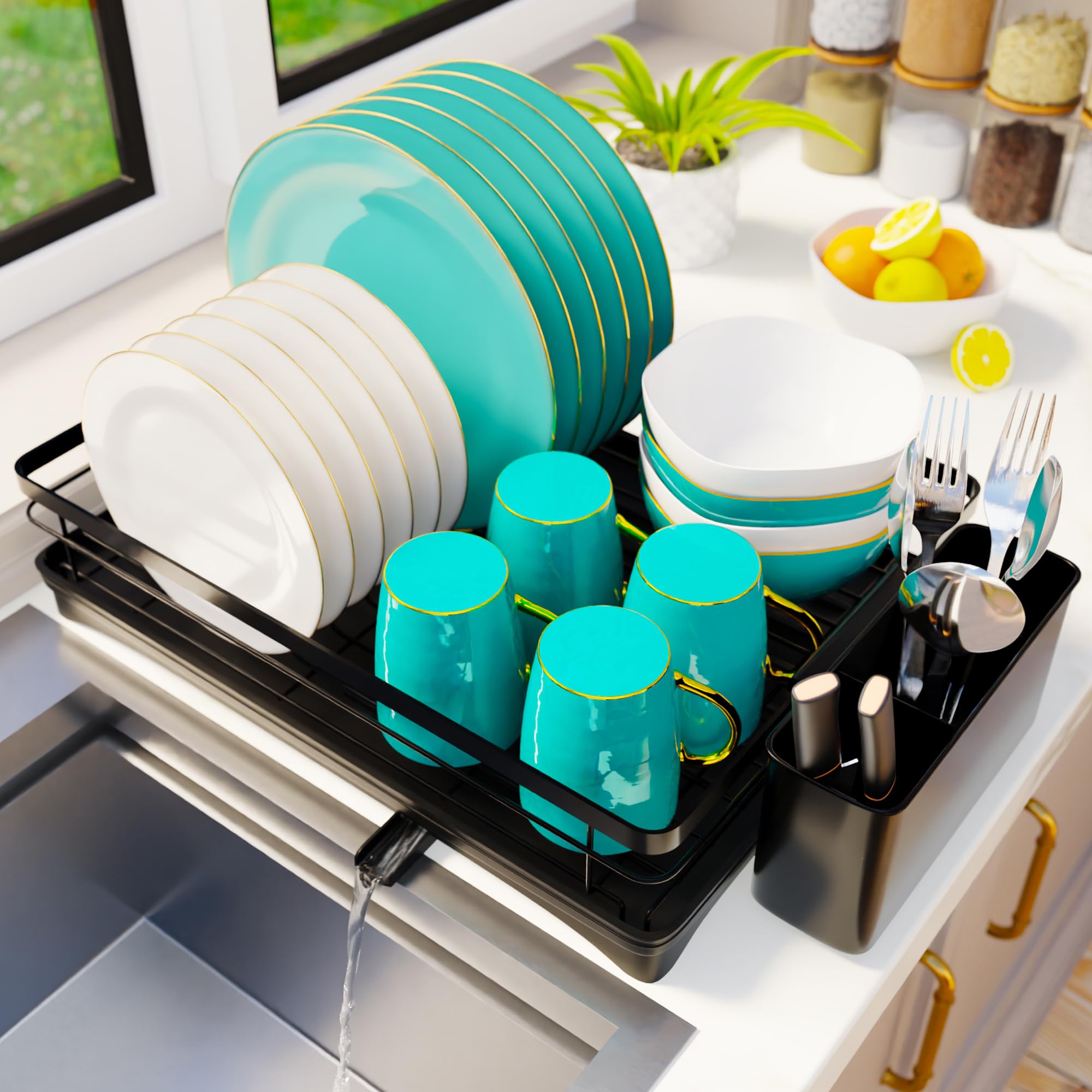 Homiu Black Dish Drainer Rack - Stainless Steel Utensil Holder - Swivel Drainage Spout - Kitchen Sink Draining Board - Dish Drying Rack For Kitchen Counter - Drying Rack & Cutlery Holder