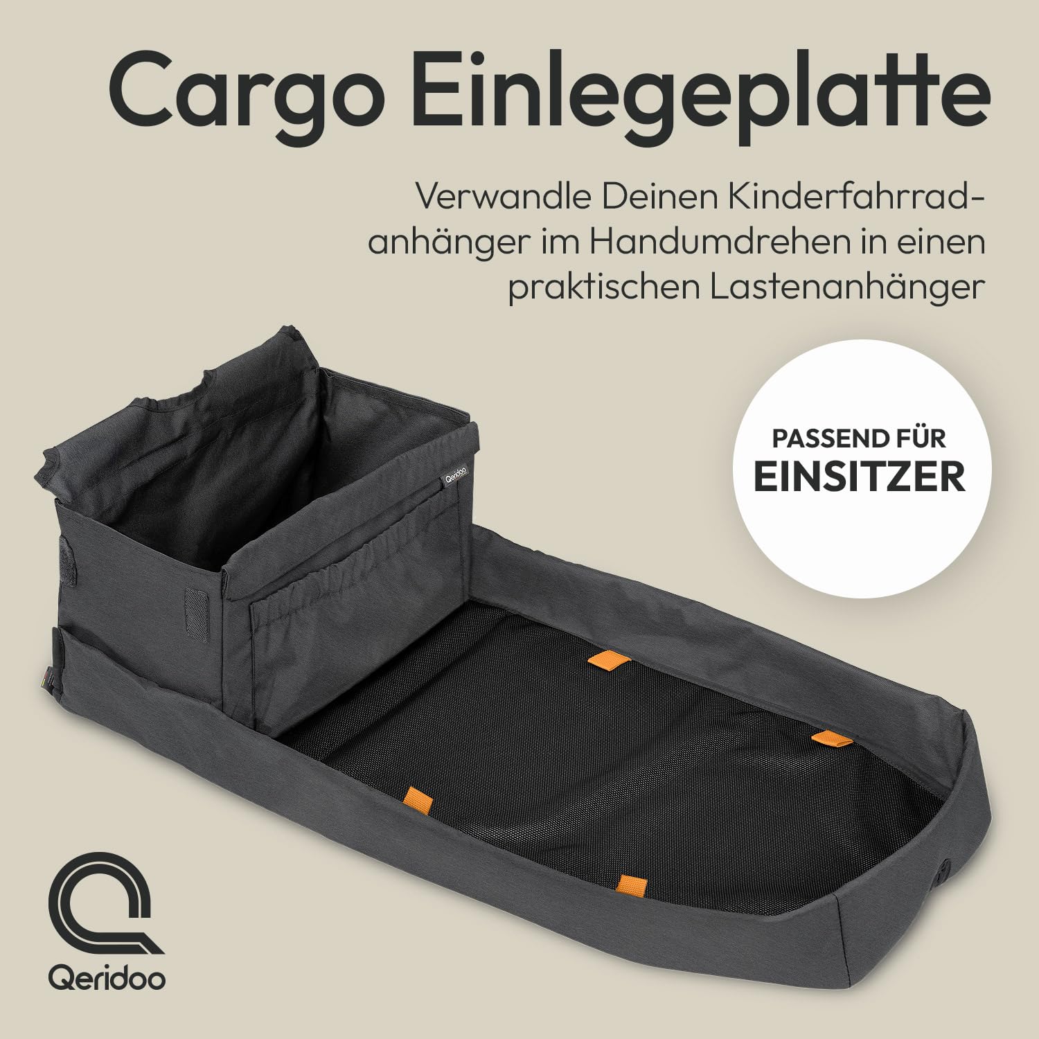 Qeridoo Cargo Einlegeplatte Einsitzer | Zubehör für Fahrradanhänger | Verwandelt Kinderfahrradanhänger in Lastenanhänger | Inklusive Zurrgurte & Klemmstange | Einfache Montage & sichere Fixierung