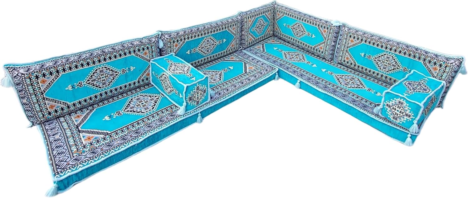 arabicsofa Light Blue L Shaped Moroccan Majlis Seating – Arabic Sectional Floor Sofa Set – Modular Corner Sofa Set