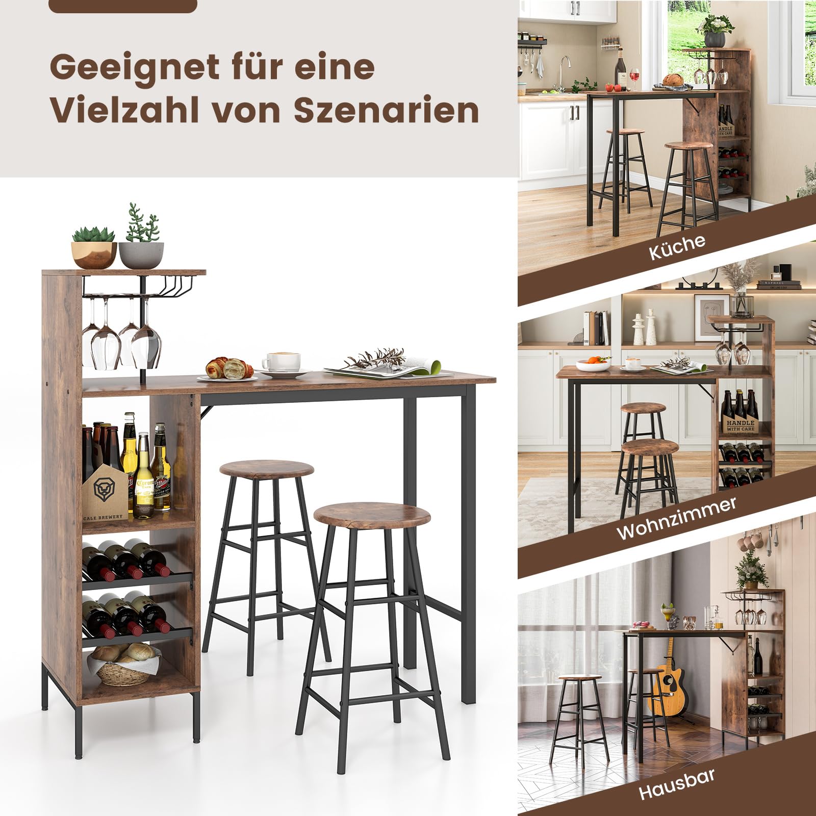 COSTWAY Bartisch mit Barhocker Set, 2 Personen Bartisch Set mit Halterungen für Weingläser und Flaschen, Küchentheke für Wohnzimmer, Esszimmer und Küche (Kaffee)
