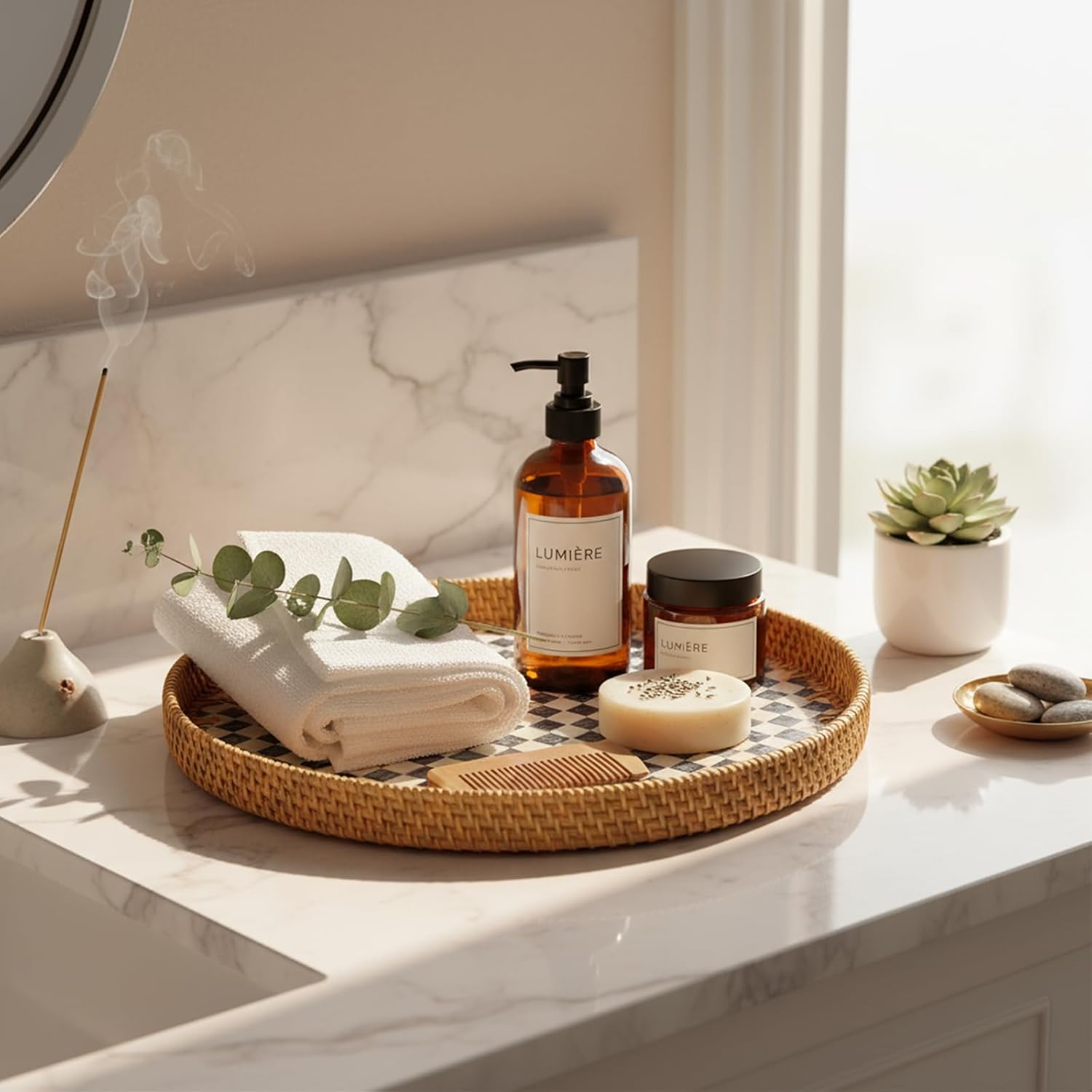 16 inch Round Rattan Tray with Mother of Pearl Inlay Wicker Serving Tray with Wooden Base Boho Decorative Wicker Basket for Table Decor Bathroom Candle Perfume(Black Checkerboard) - Image 4