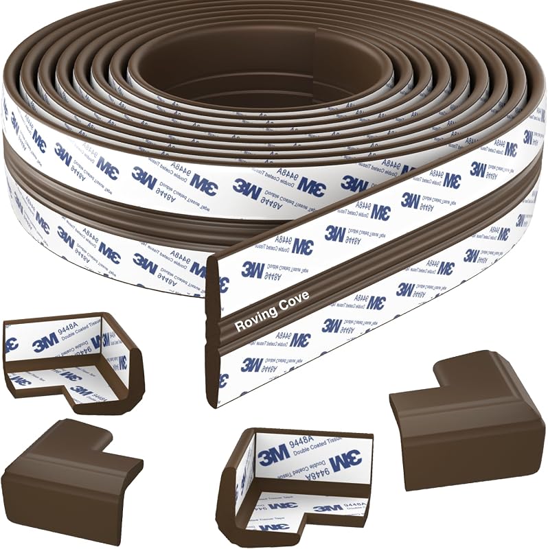Roving Cove PreFit (clásico) Protector de esquinas para bordes de muebles (borde estándar de 15 pies, 4 esquinas), protectores de parachoques a prueba de bebés, marrón café, pregrabado, para superficies rectas y lisas