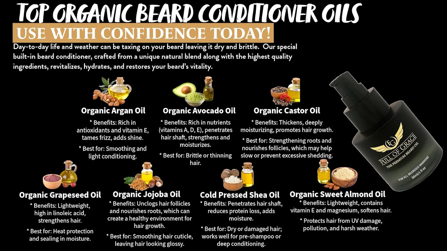 FULL OF GRACE Premium Beard Oil for Men & Natural Conditioner – Softens & Tames Beards Instantly – Non-Greasy, Fast Absorbing – Eliminates Dryness & Itch – Oud, Vanilla Caviar & Amber | 30ml