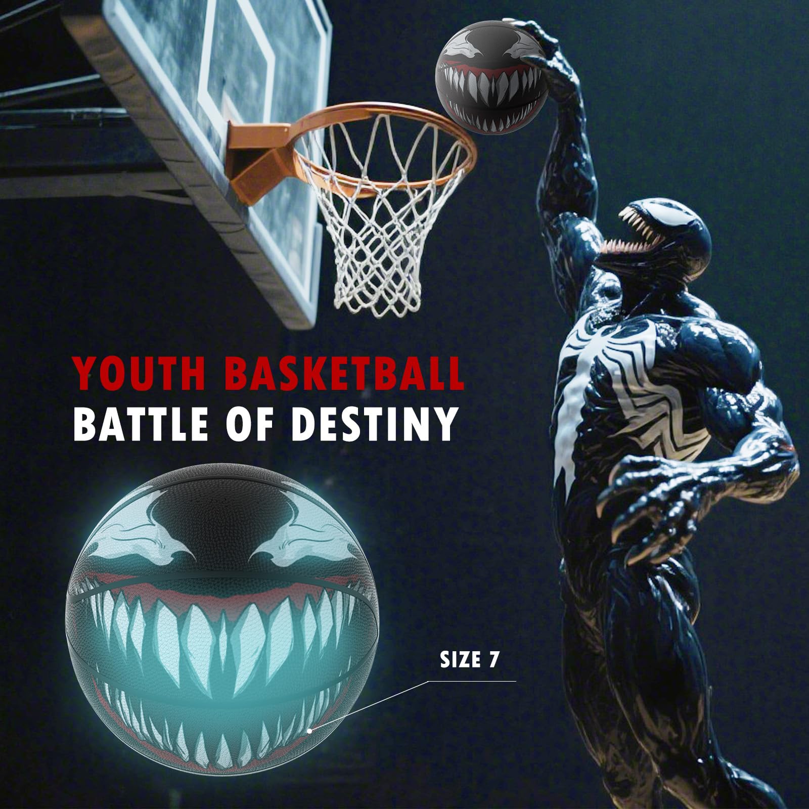 Venoms Printings Glow in The Dark Basketball Cool Glowing Luminous Basketball with Pump and Bag Indoor Outdoor PU Leather Size 7