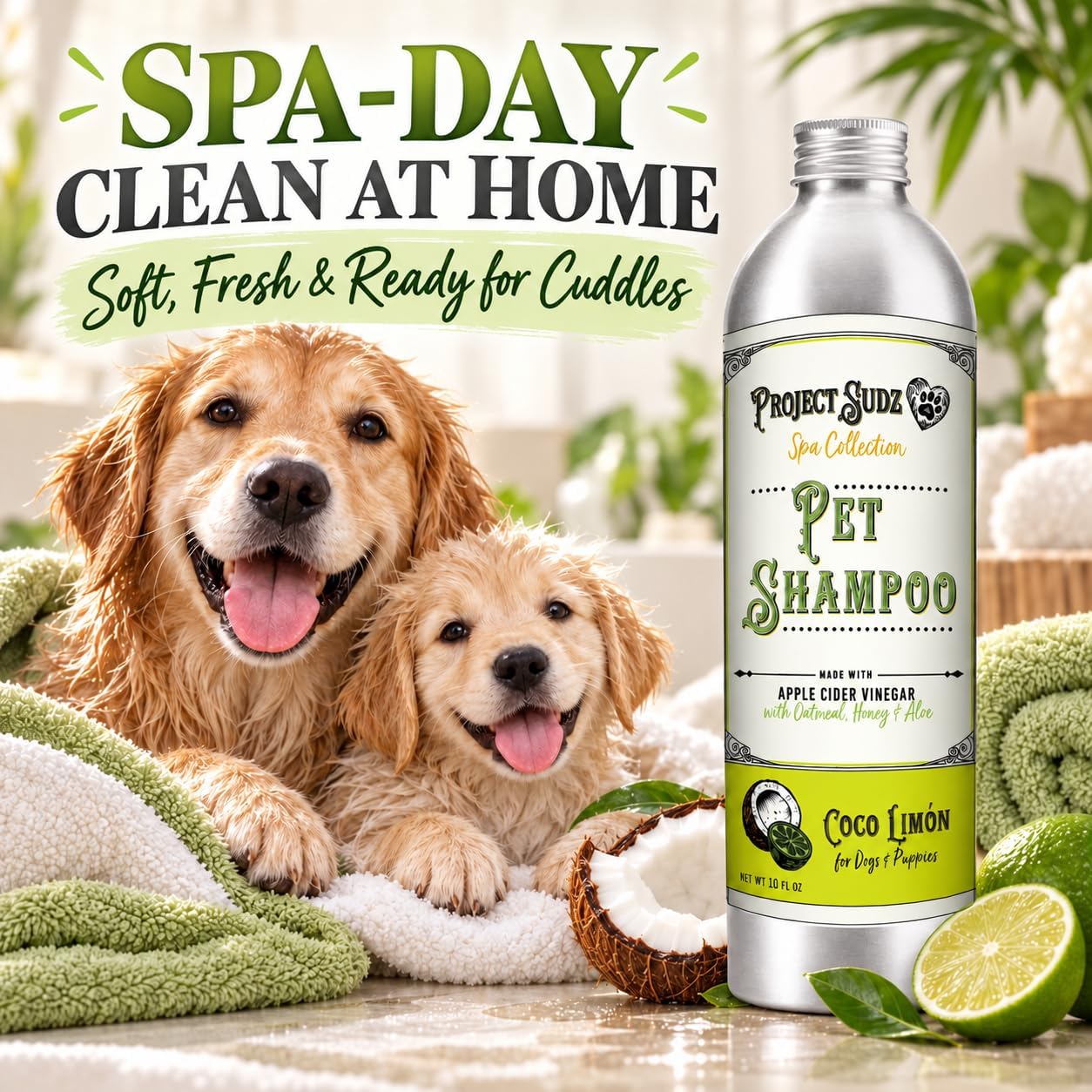Project Sudz Coco Limón Dog Shampoo – Coconut Lime Scent with Apple Cider Vinegar, Oatmeal, Honey & Aloe – Rich-Lather Spa Shampoo for Dogs & Puppies – Aluminum Bottle, 10 fl oz image 3