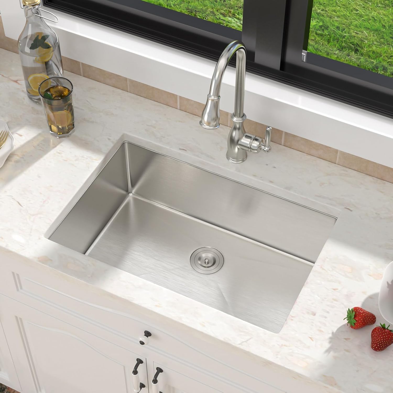 32 Inch Undermount Kitchen Sink 16 Gague Stainless Steel Single Bowl Handmade Sinks Large Deep Under Counter Basin 32"x19"x9"