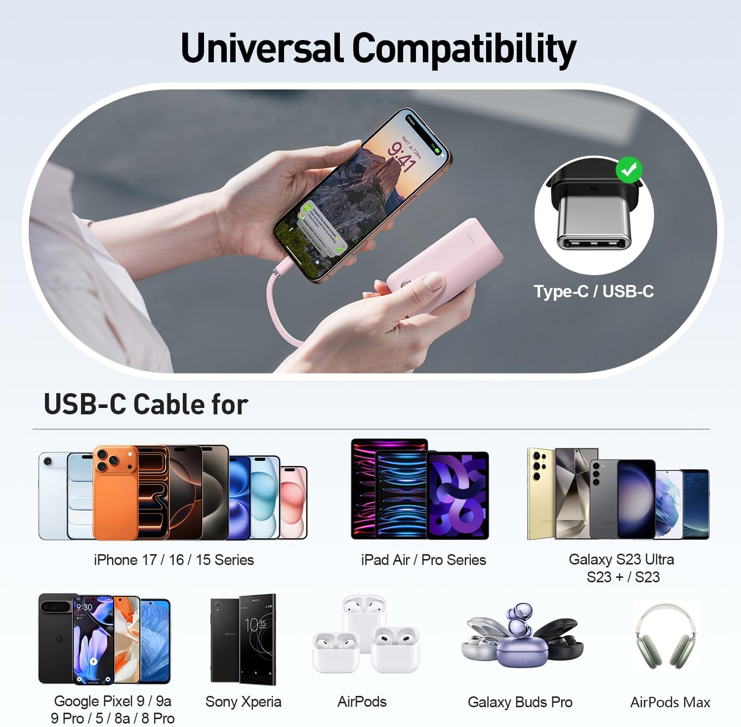 iWALK Mini Portable Charger 10,000mAh, 22.5W USB-C Fast Charging Power Bank with Built-in Cable, Travel Essential Ultra-Small Battery Pack Compatible for iPhone 17/16/16 Pro/15, Samsung, Google, Pink