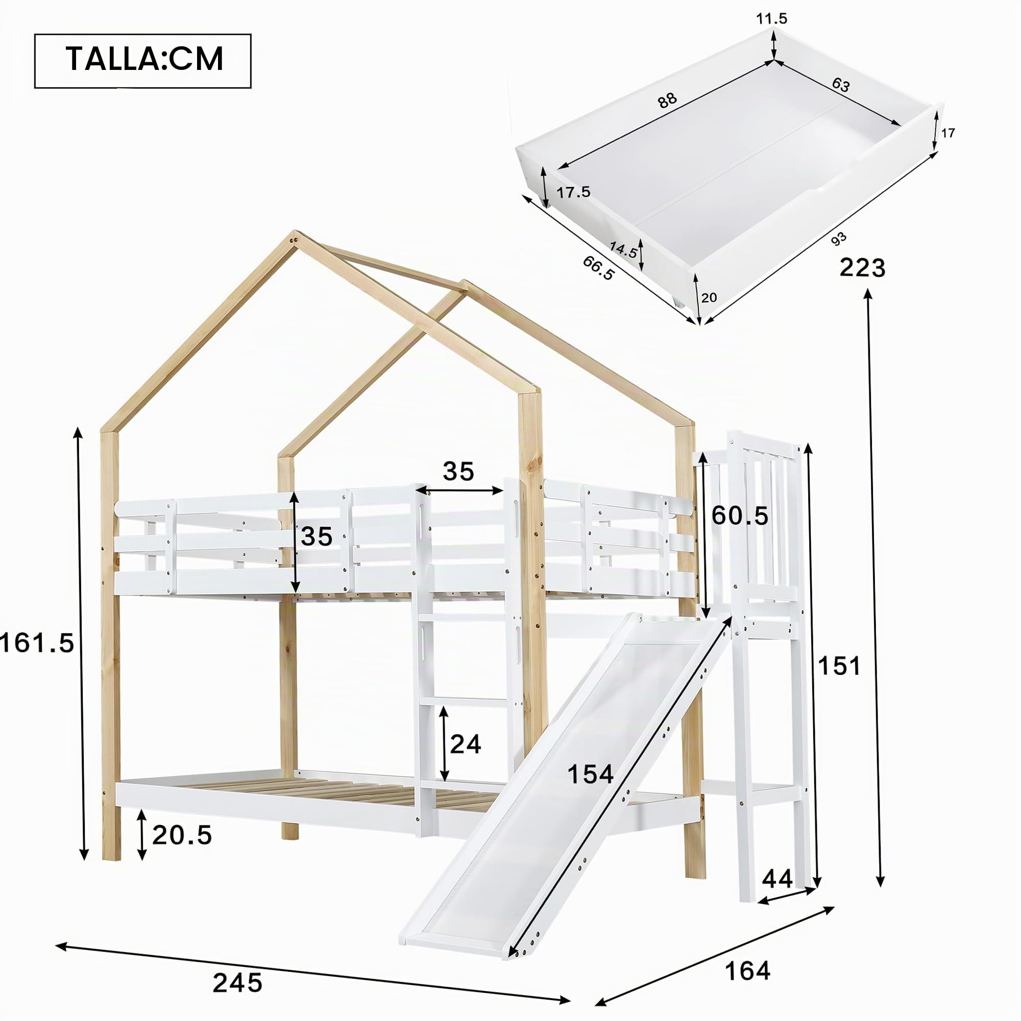 Litera con tobogán y escalera angular de tres niveles, cama con protección contra caídas, cuna, marco de cama de madera maciza, color blanco y natural, 90 x 200 cm (con 2 cajones)