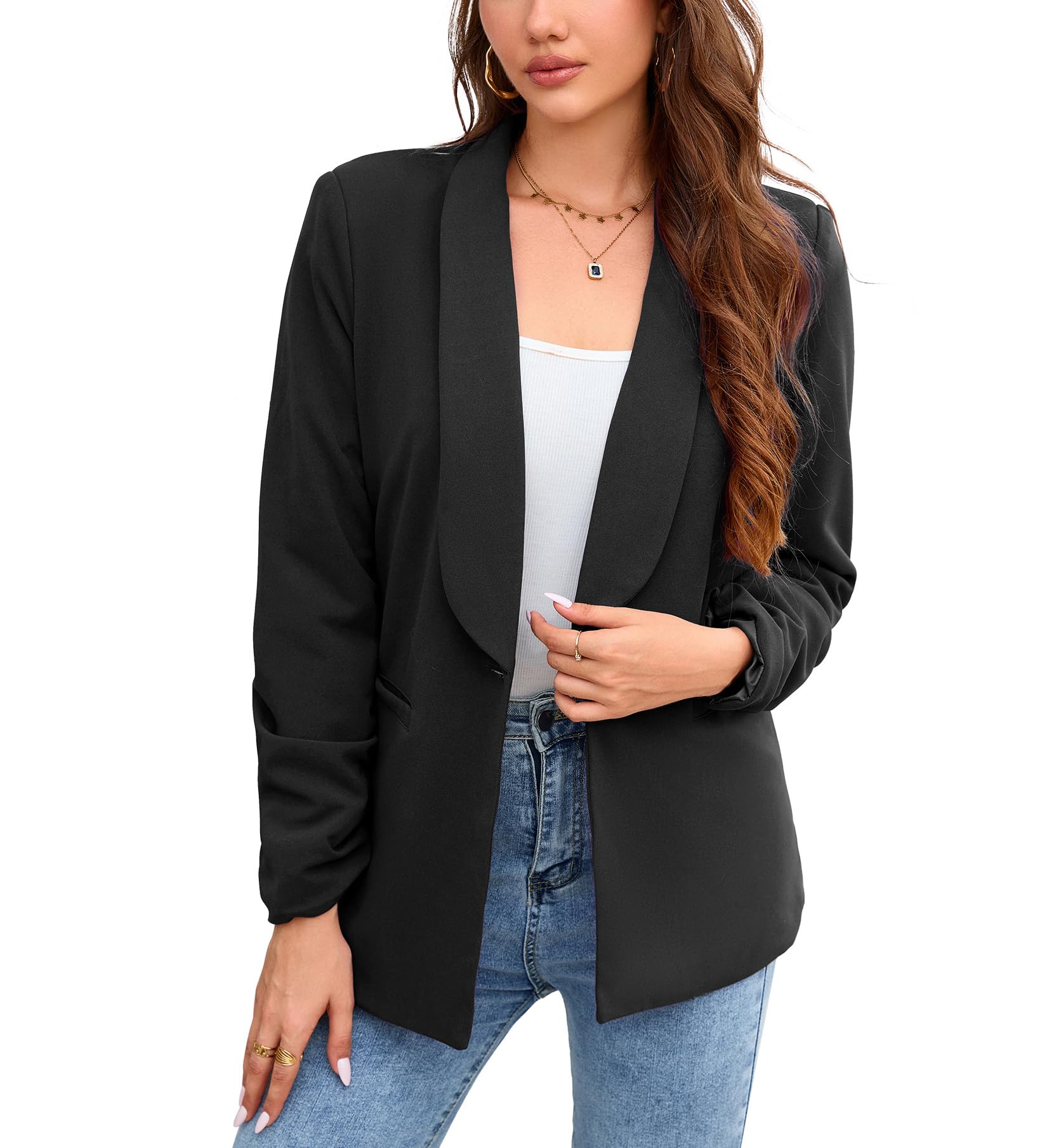 Yesfashion Women Long Sleeve Blazer Open Front Cardigan Jacket Work Office Blazer