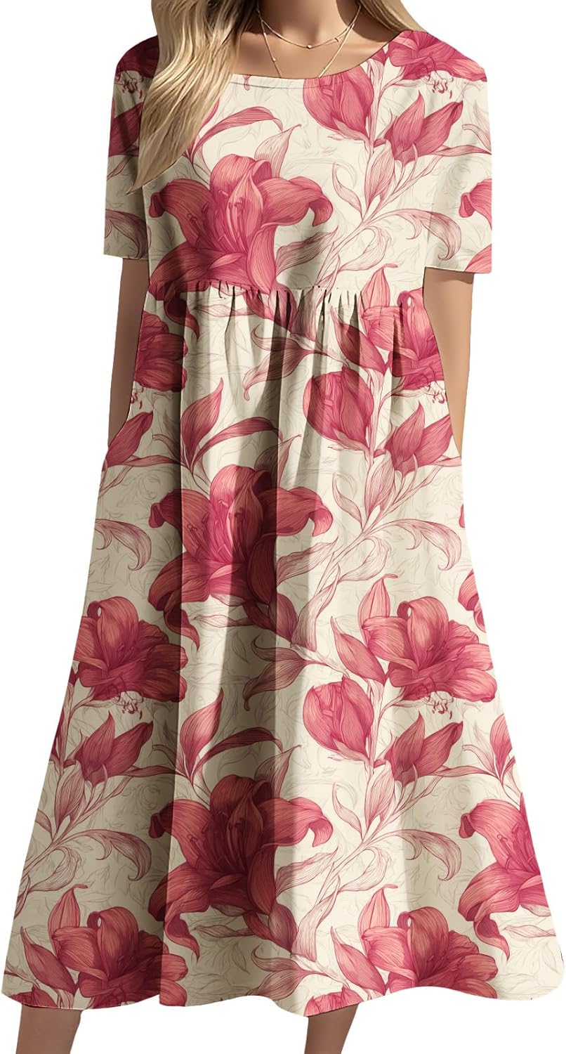ZOCAVIA Womens Short Sleeve Maxi Dress Boho Style Dress Smocked Waist Tiered Dresses Crewneck Elegant Dresses with Pockets