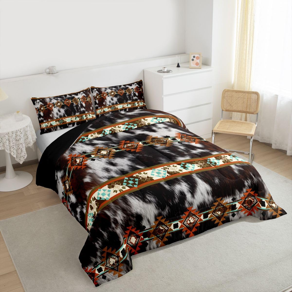 Erosebridal Cowhide Quilt Black and White Highland Cow Print Comforter Set,Western Bedding Sets Twin Exotic Aztec Duvet Insert,Farmhouse Wild Animals Longhorn Skin Room Decor Cowboys Gifts for Men