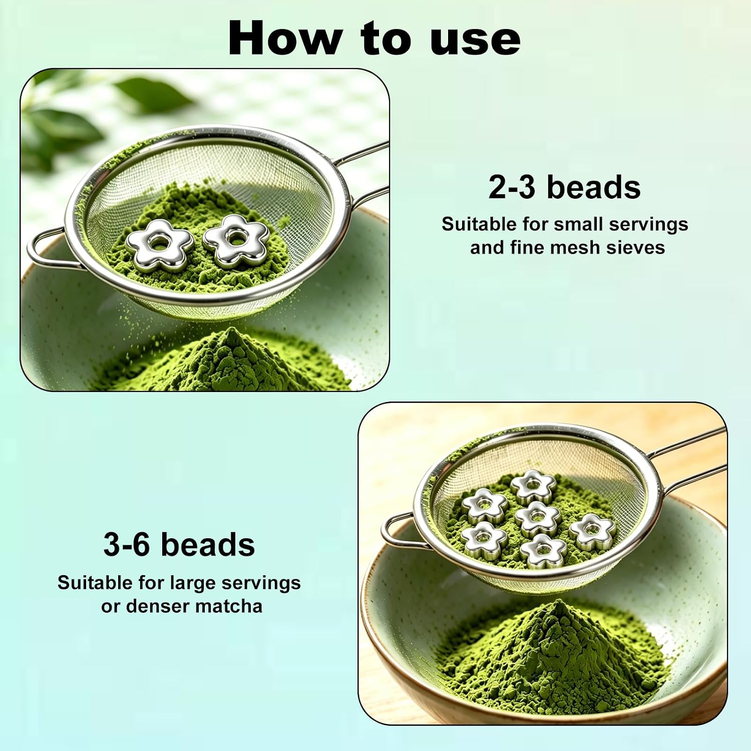 6pcs Matcha Sifting Beads, Stainless Steel Sifter Beads Matcha Sifter Accessories for Clump-Free Powder for Tea Ceremony Baking Cocoa Powder Fast & Smooth Sifting