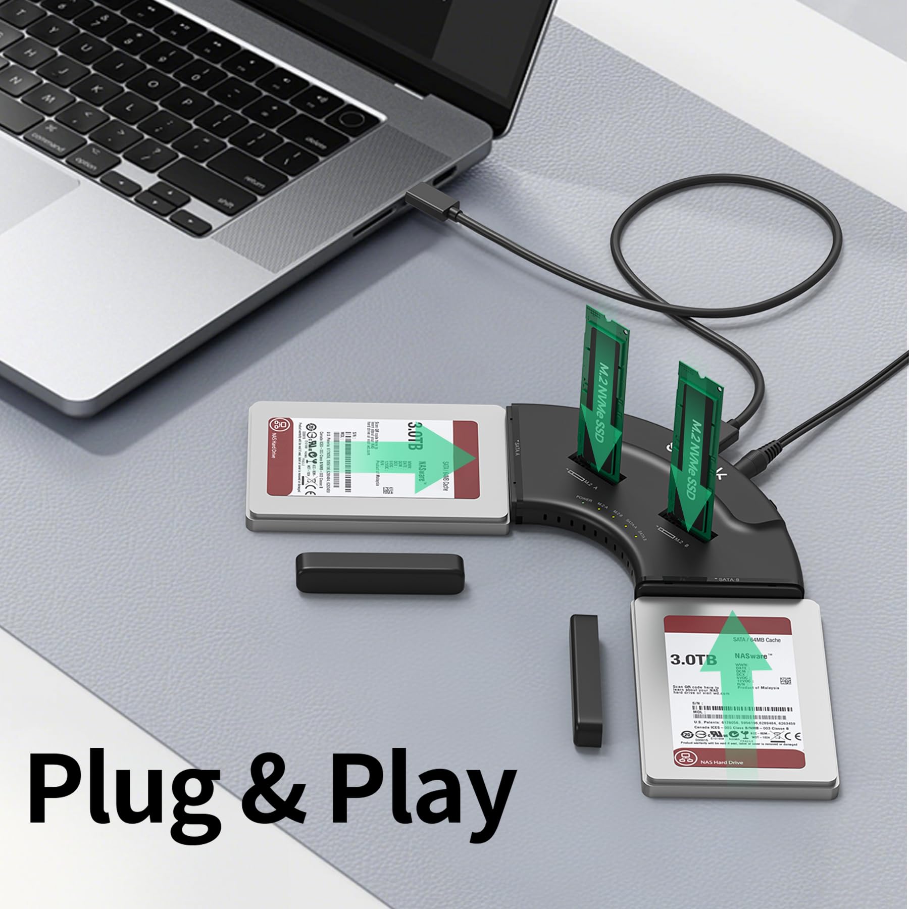 Adattatore 2*M.2 PCIe + 2*SATA, Lettore USB C da per unità M2 10Gbps, Custodia esterna SSD NVMe USB Plug and Play, Compatibile con M.2 (chiavi M e M+B) di qualsiasi dimensione e SATA 2,5"/3,5"
