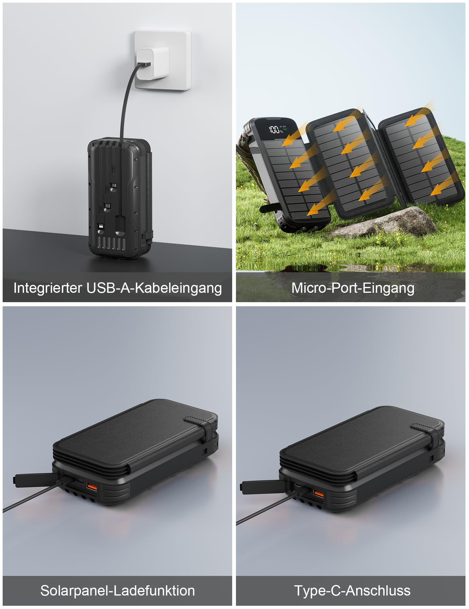 Power Bank Solare, 20000mAh Caricatore Portatile con 4 Caricatori Esterni Pieghevoli a Pannello Solare, 4 Cavi Integrati, Batteria Esterna della Banca di Energia Solare USB C con 2 Torce a LED