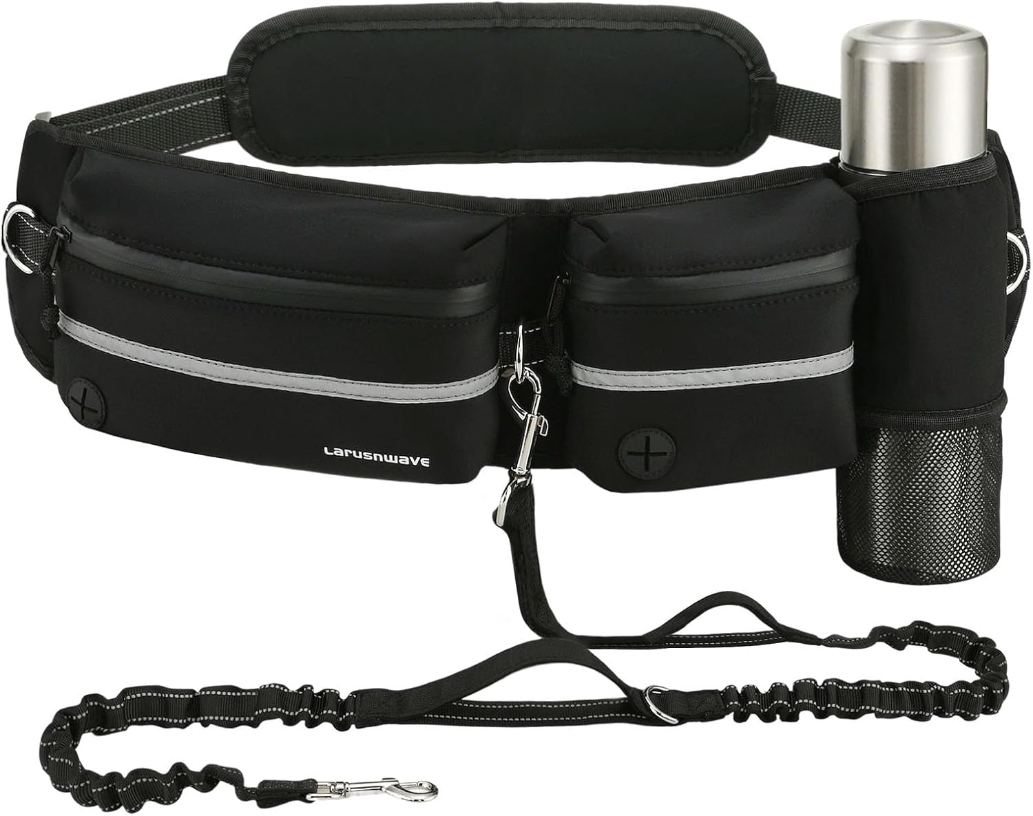 Hands Free Dog Leash, Waist Leash for Dog Walking with Zipper Pouch, Bungee Running Leash for Dogs, Adjustable Waist Fanny Pack from 25″-55″, Reflective Waist Dog Leash – Premium Black