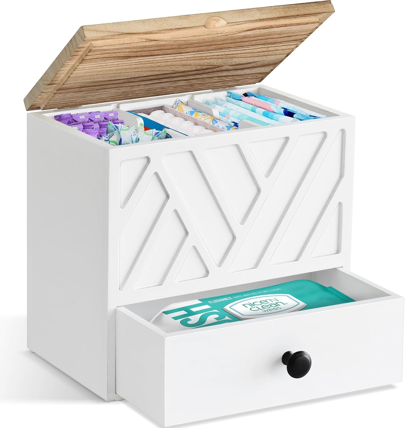 Tampon Holder for Bathroom Decor, Feminine Product Organizer with Lid and Drawer, Shark Week Tampon Storage, Wood Pad and Tampon Organizer for Toilet Organizer, Bathroom Accessories Box for Girl Stuff