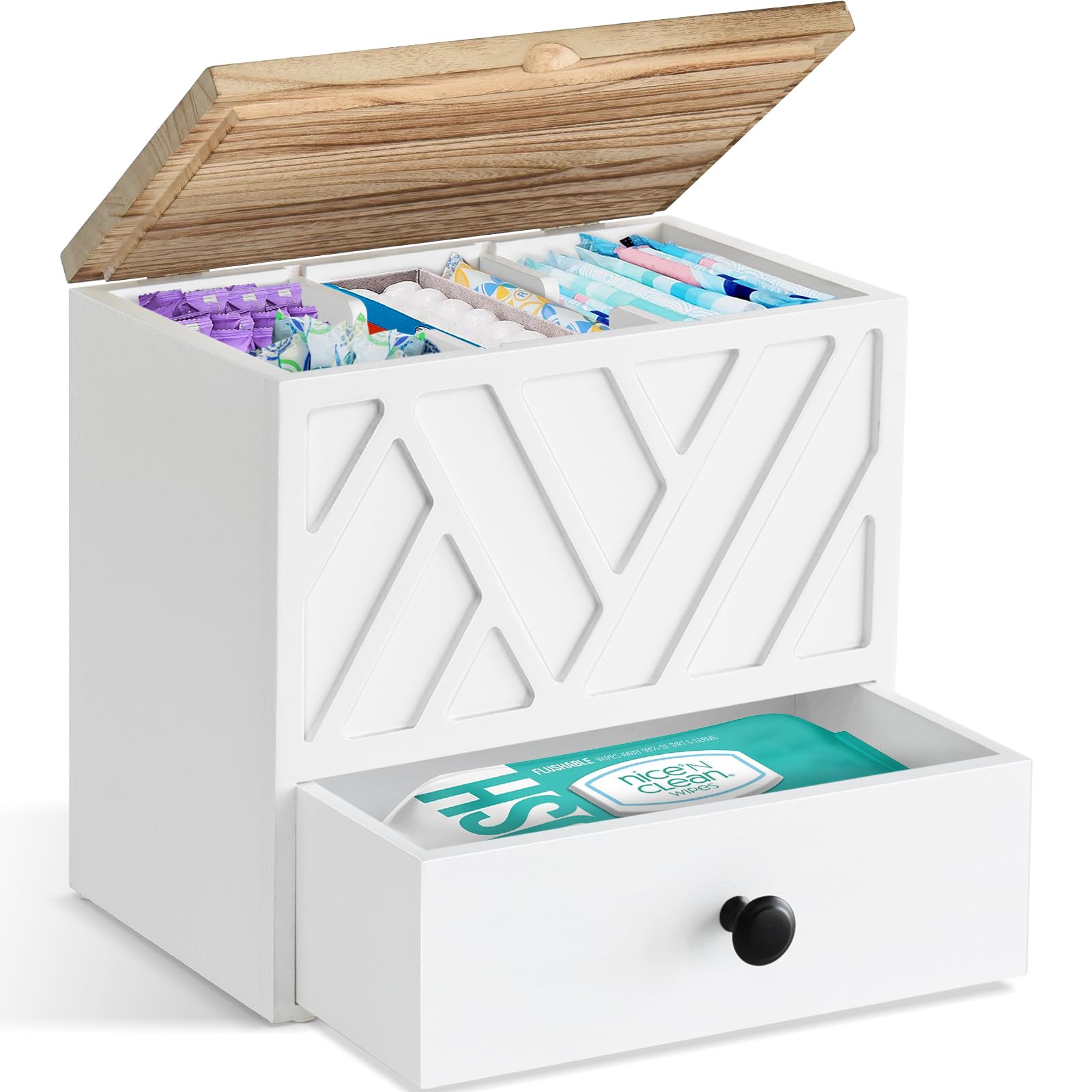 Tampon Holder for Bathroom Decor, Feminine Product Organizer with Lid and Drawer, Shark Week Tampon Storage, Wood Pad and Tampon Organizer for Toilet