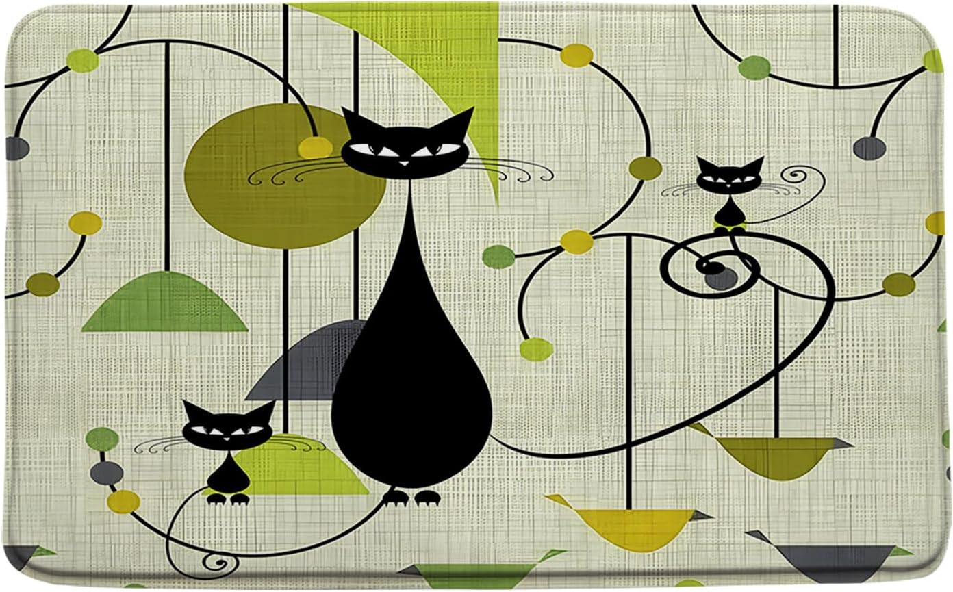 Mid Century Atomic Cat Bath Mat Retro Atomic Black Cat Abstract Geometric Minimalist Boho 1950s 60s 16"x24"and 17.8"x29.5"and 16"x48" Bathroom Decor Mat/Rug