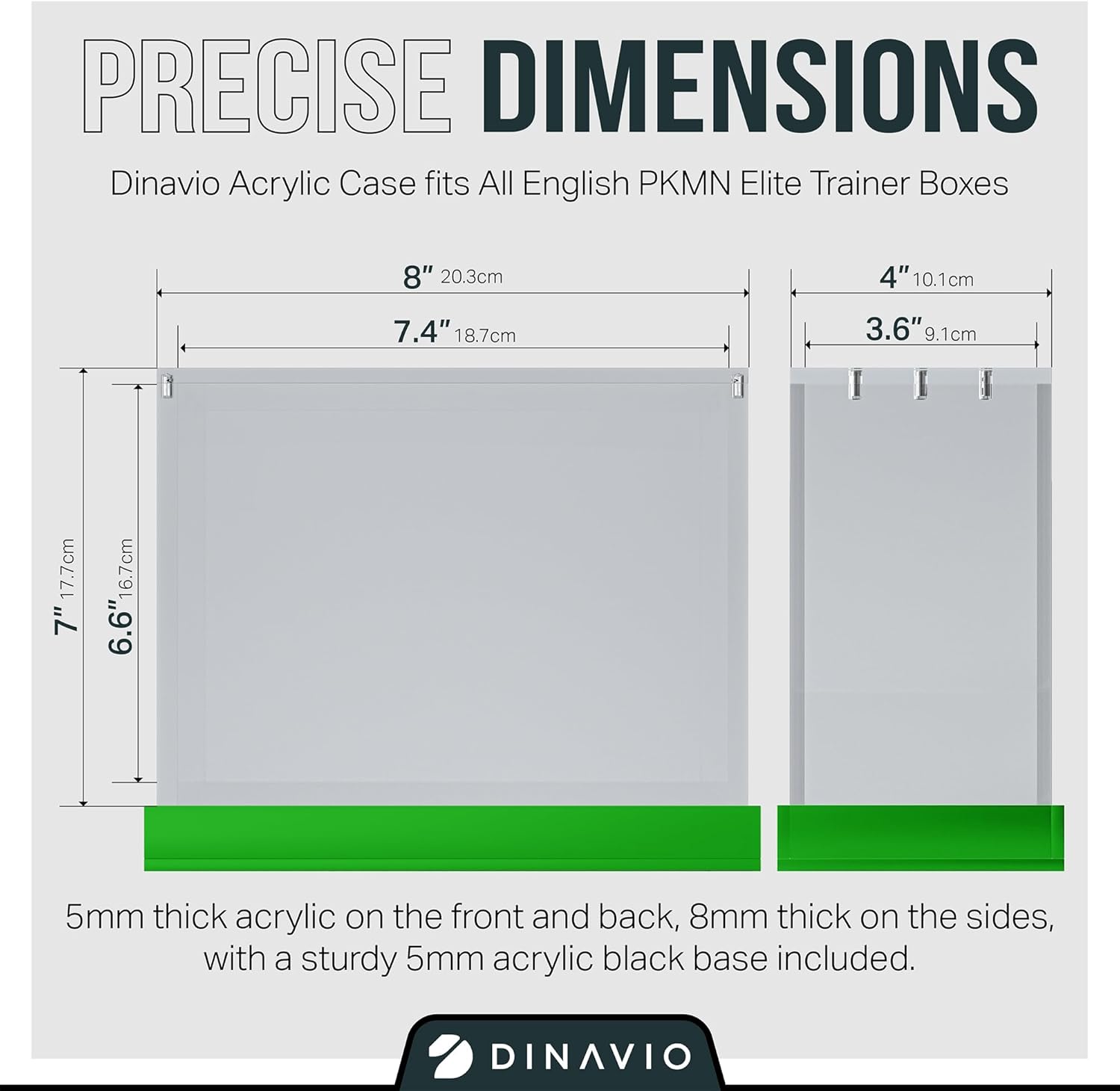 Dinavio Crafthouse Elite Trainer Box Acrylic Case - ETB Protector Case - Elite Trainer Box Protector - 8mm + 5mm Acrylic 5x3mm Magnets - Compatible with PKMN ETB Boxes (Green Base)