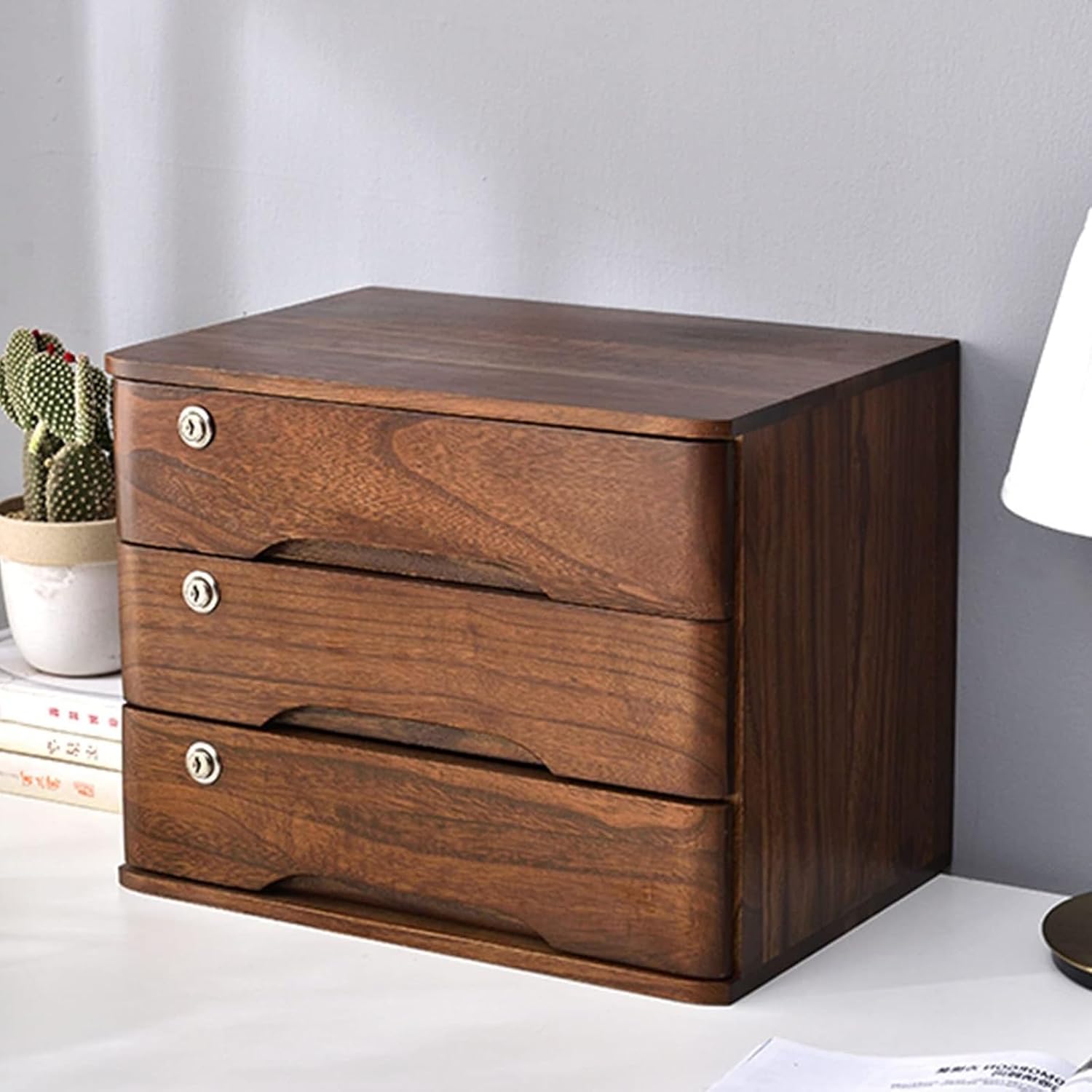 Wooden Desktop File Cabinet Nizer with Lockable Drawers 2/3/4 Tier Desktop Storage Box for Documents(Brown-3 Layer)